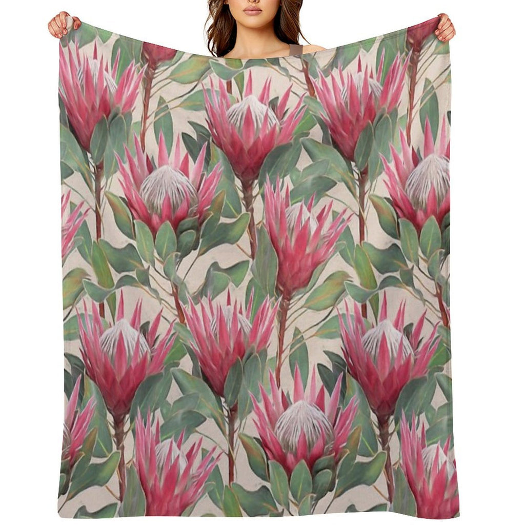 Painted King Proteas on Cream Machine-washable Throw Blanket