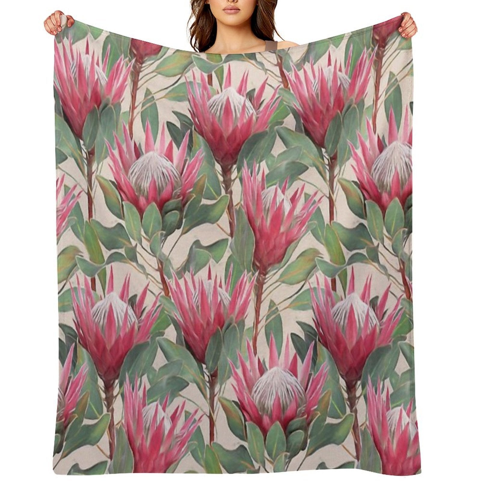 Painted King Proteas on Cream Machine-washable Throw Blanket