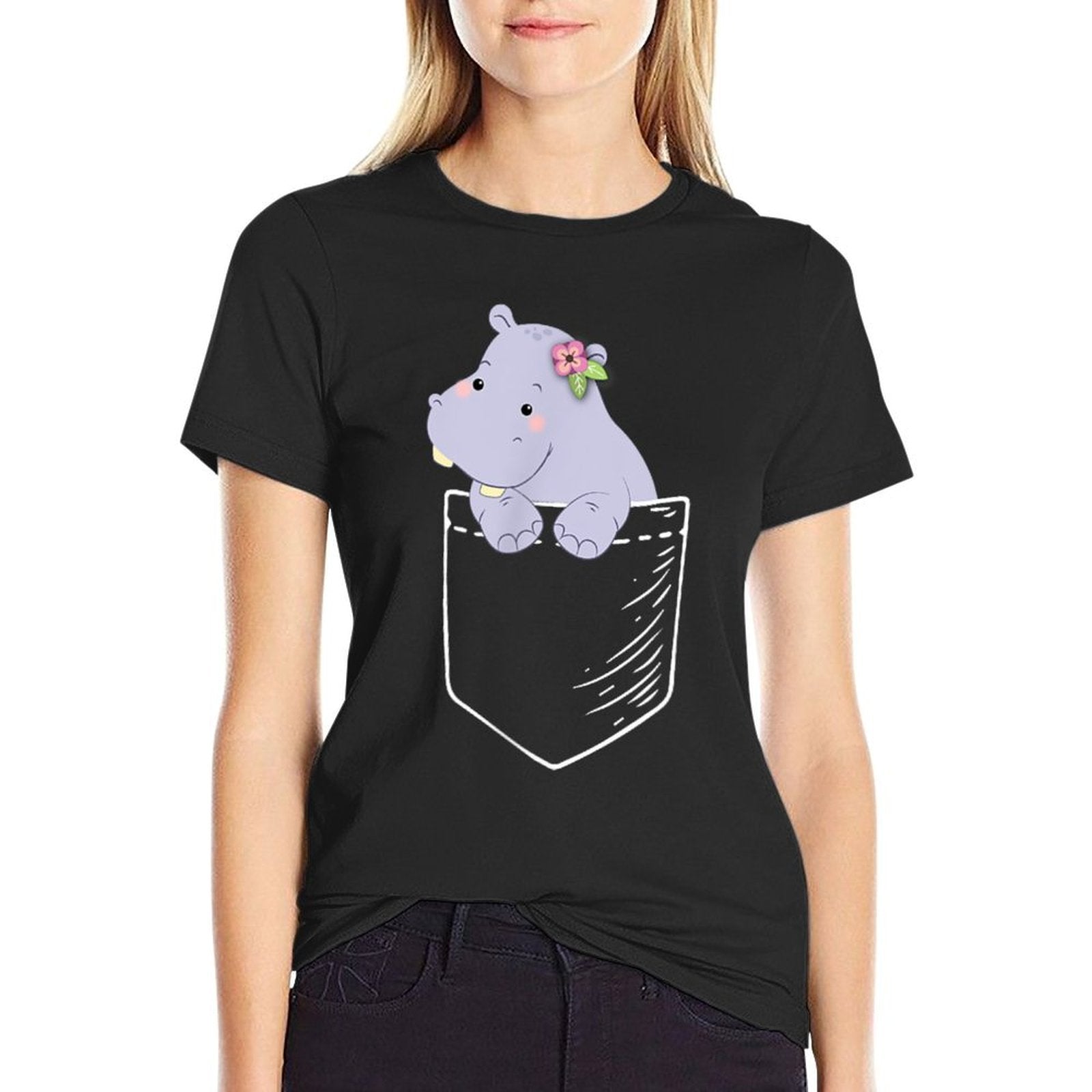Funny Kawaii Kids Girls Pocket Hippo Lover  Soft T-Shirt