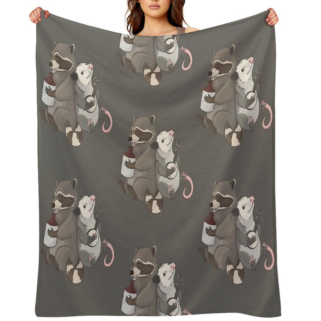 Opossum And A Racoon Playing Instruments Easy Care Throw Blanket
