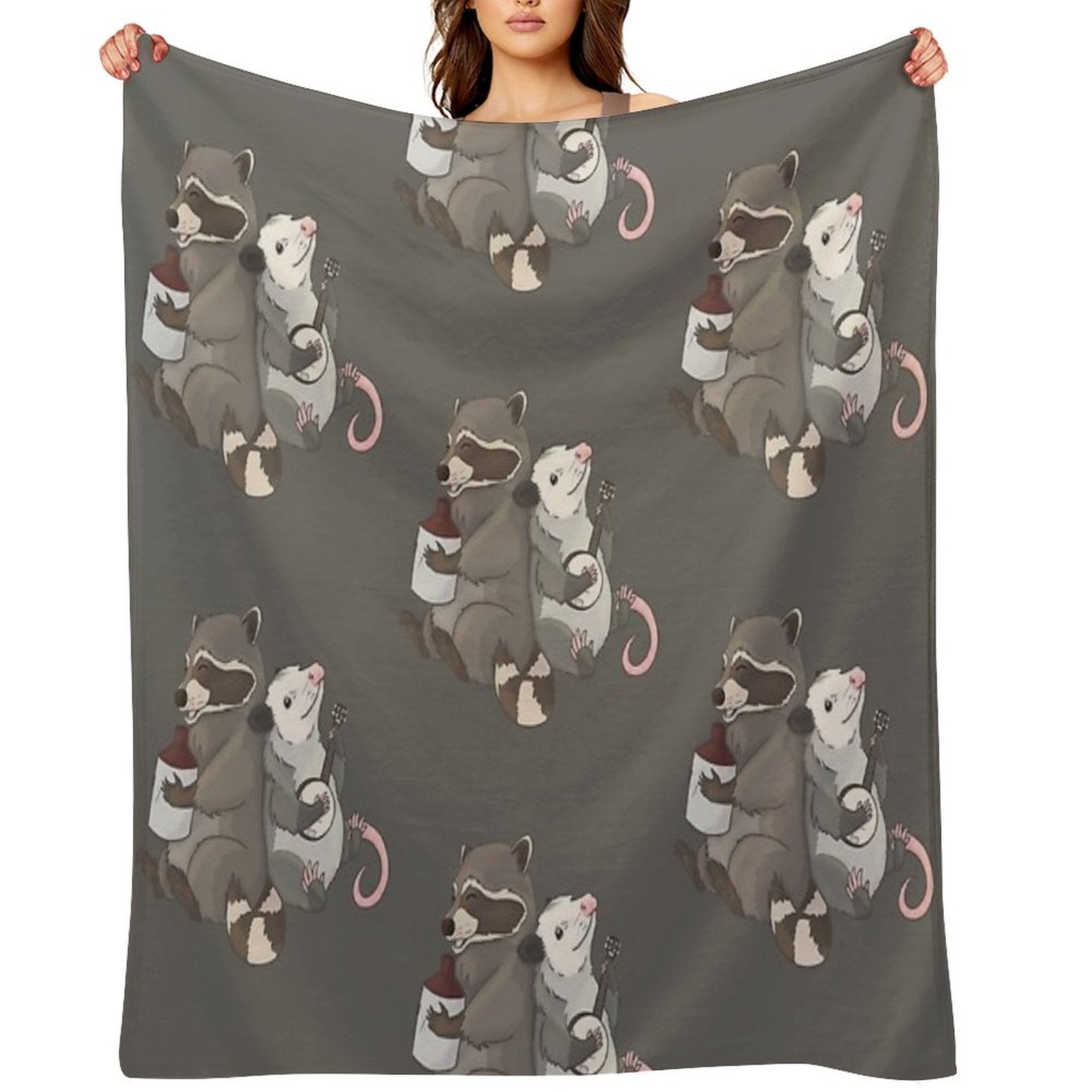 Opossum And A Racoon Playing Instruments Easy Care Throw Blanket