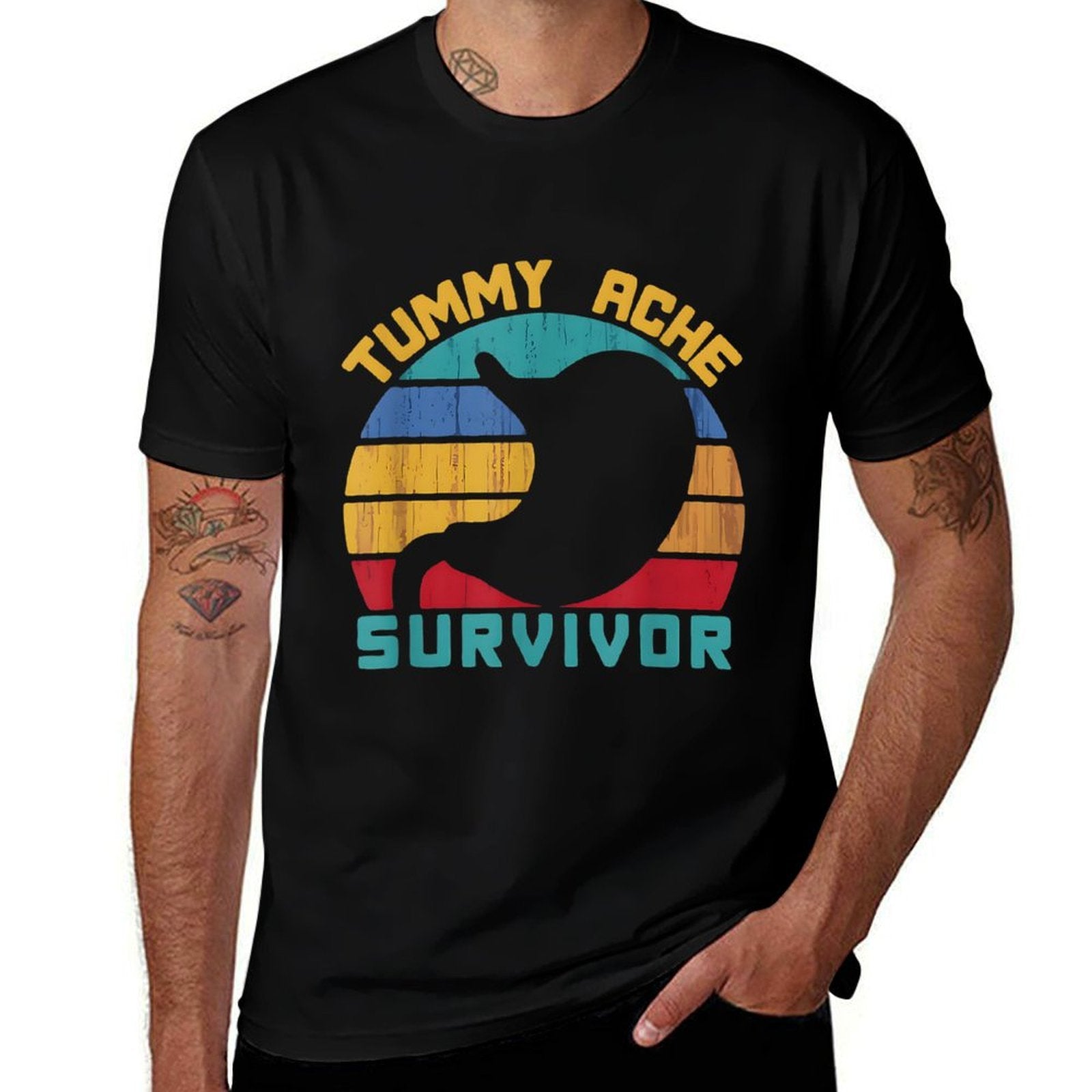 Tummy Ache Survivor Vintage Retro Sunset Stomach Hurts Memes  Fade-proof Color T-Shirt