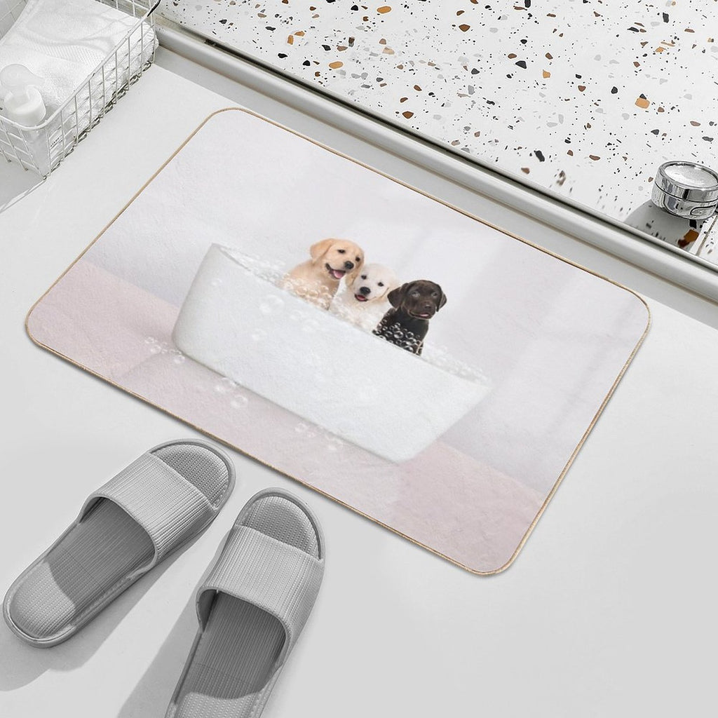 Three Puppies in Modern Bathtub Pink Print, Puppy Golden Retriever, Puppy Bathing, Animals in Bathtub Art by Synplus  Non-Slip Bath Mat