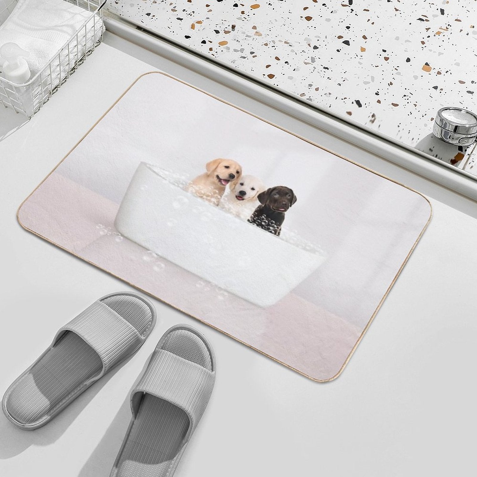 Three Puppies in Modern Bathtub Pink Print, Puppy Golden Retriever, Puppy Bathing, Animals in Bathtub Art by Synplus  Non-Slip Bath Mat