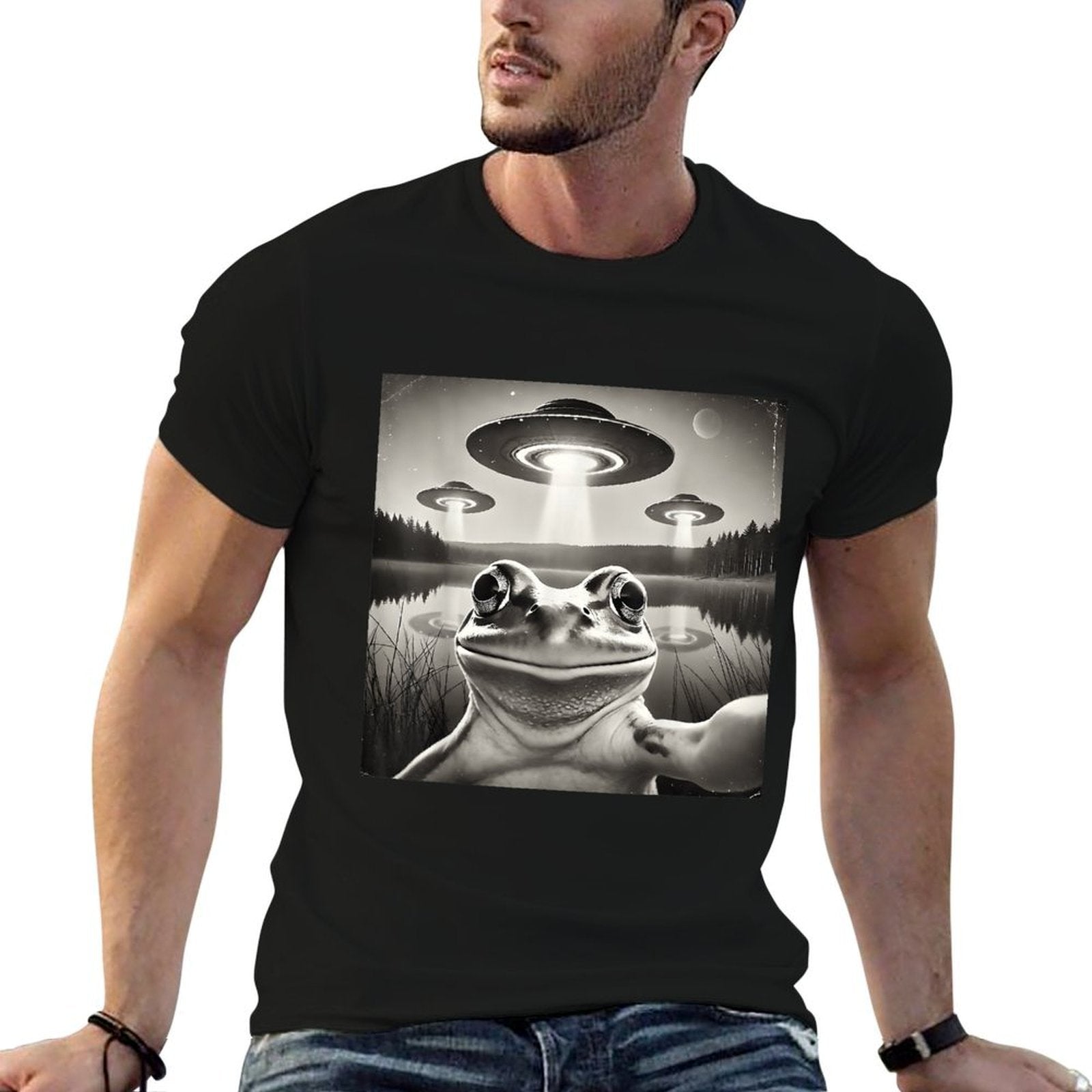 FrgloverCo. Funny Frog Selfie UFOs Unisex - Black, Small,, Cotton 100  Easy-care T-Shirt