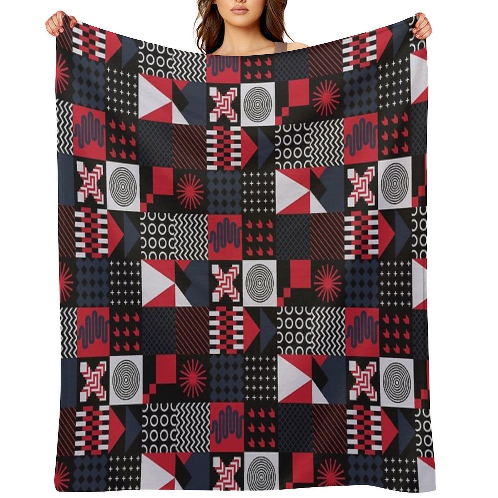 Geometric Aesthetic Black White Blue Red Shrink-resistant Throw Blanket