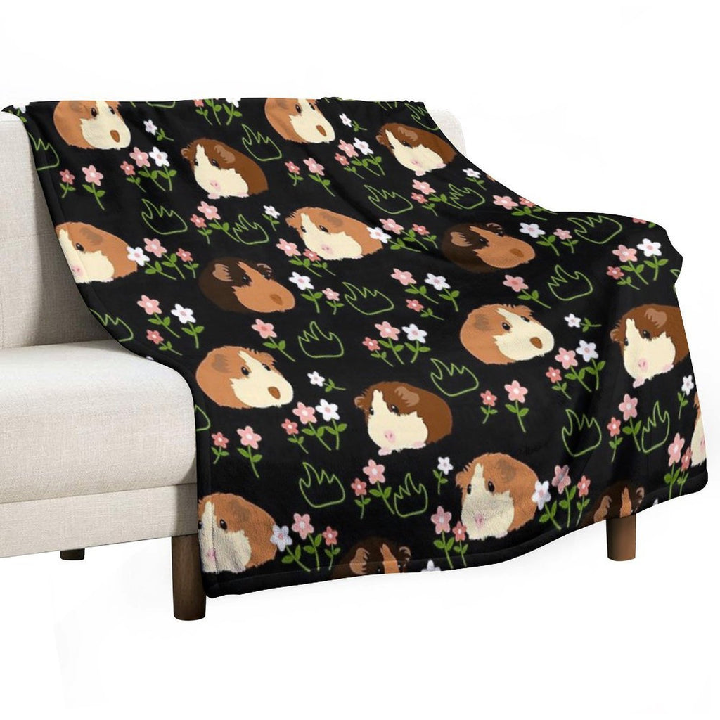 Guinea Pig And Flowers - Black Machine-washable Throw Blanket