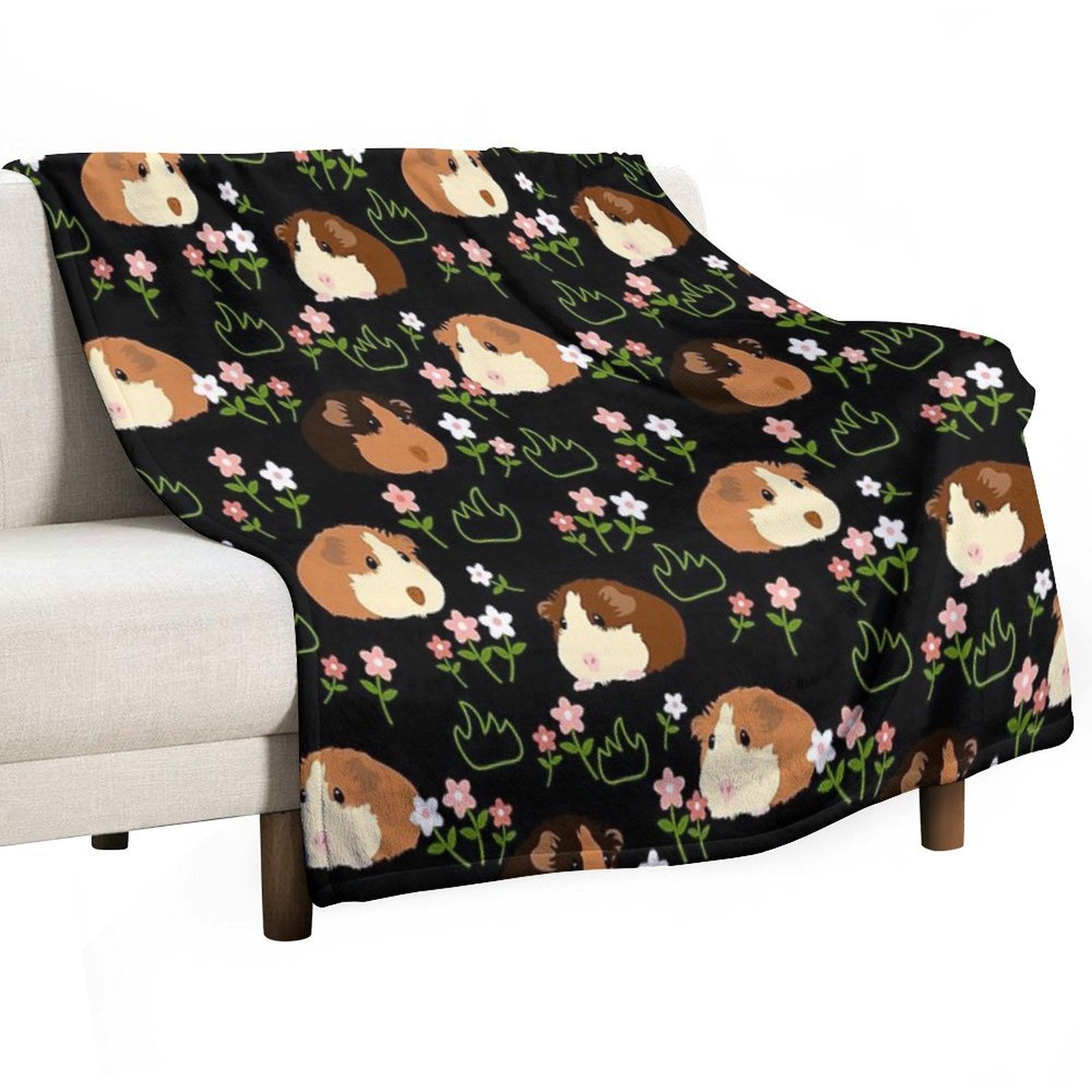 Guinea Pig And Flowers - Black Machine-washable Throw Blanket