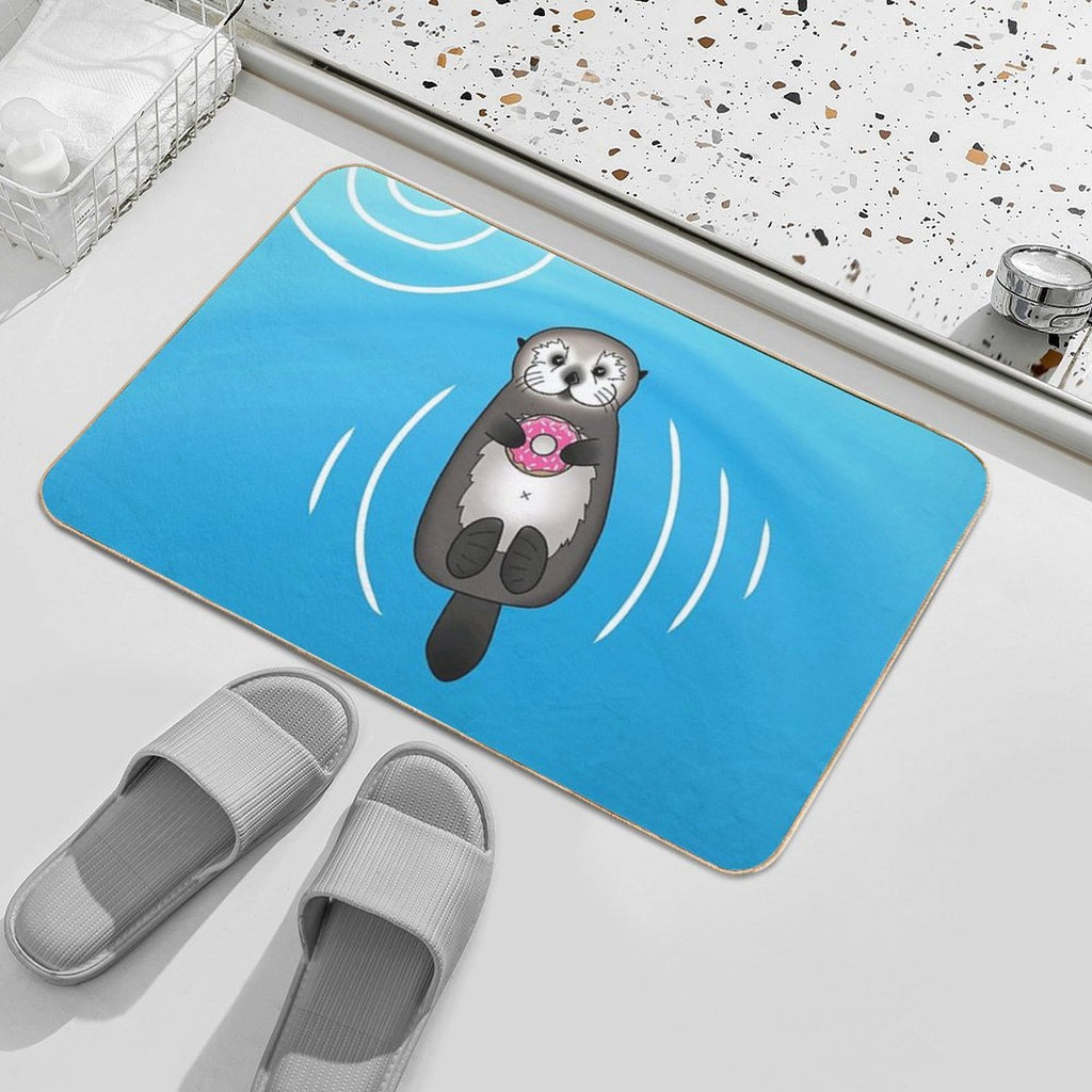 Sea Otter with Donut - Cute Otter Holding Doughnut  Easy Maintenance Bath Mat