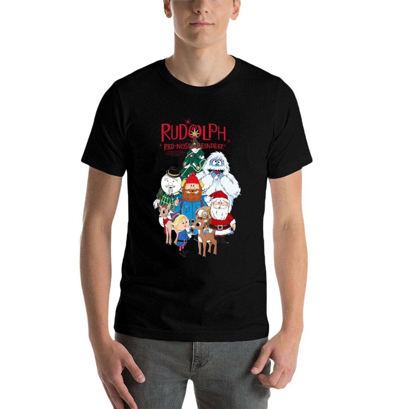 Rudolph Characters with Christmas Tree Retro Holiday  Ribbed Collar T-Shirt