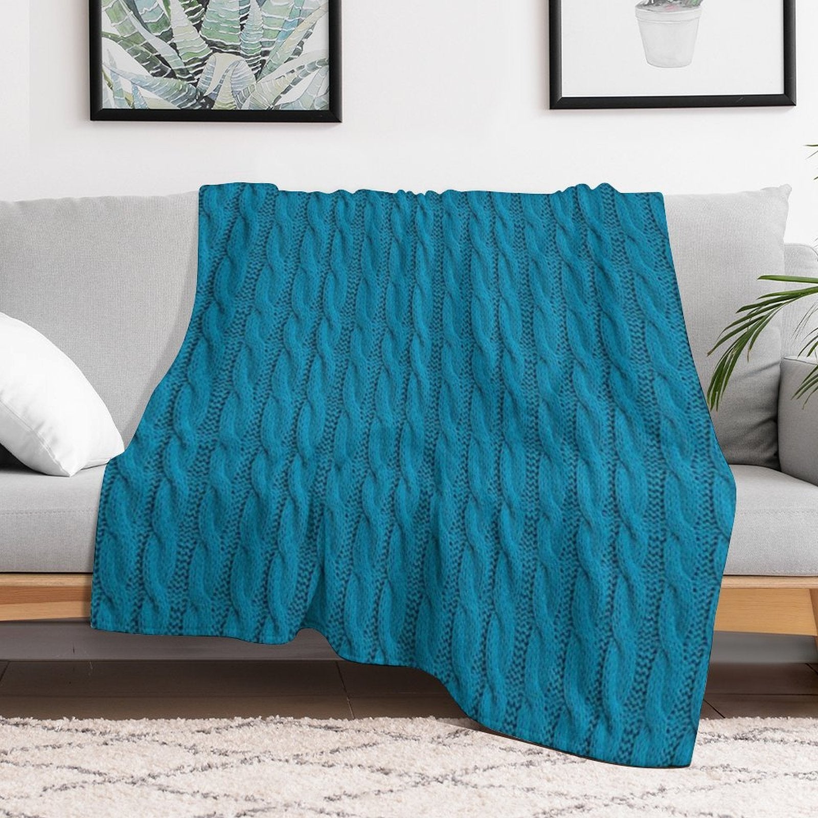 Teal  Blue Cable Knit Sweater Knitting Design Durable Throw Blanket