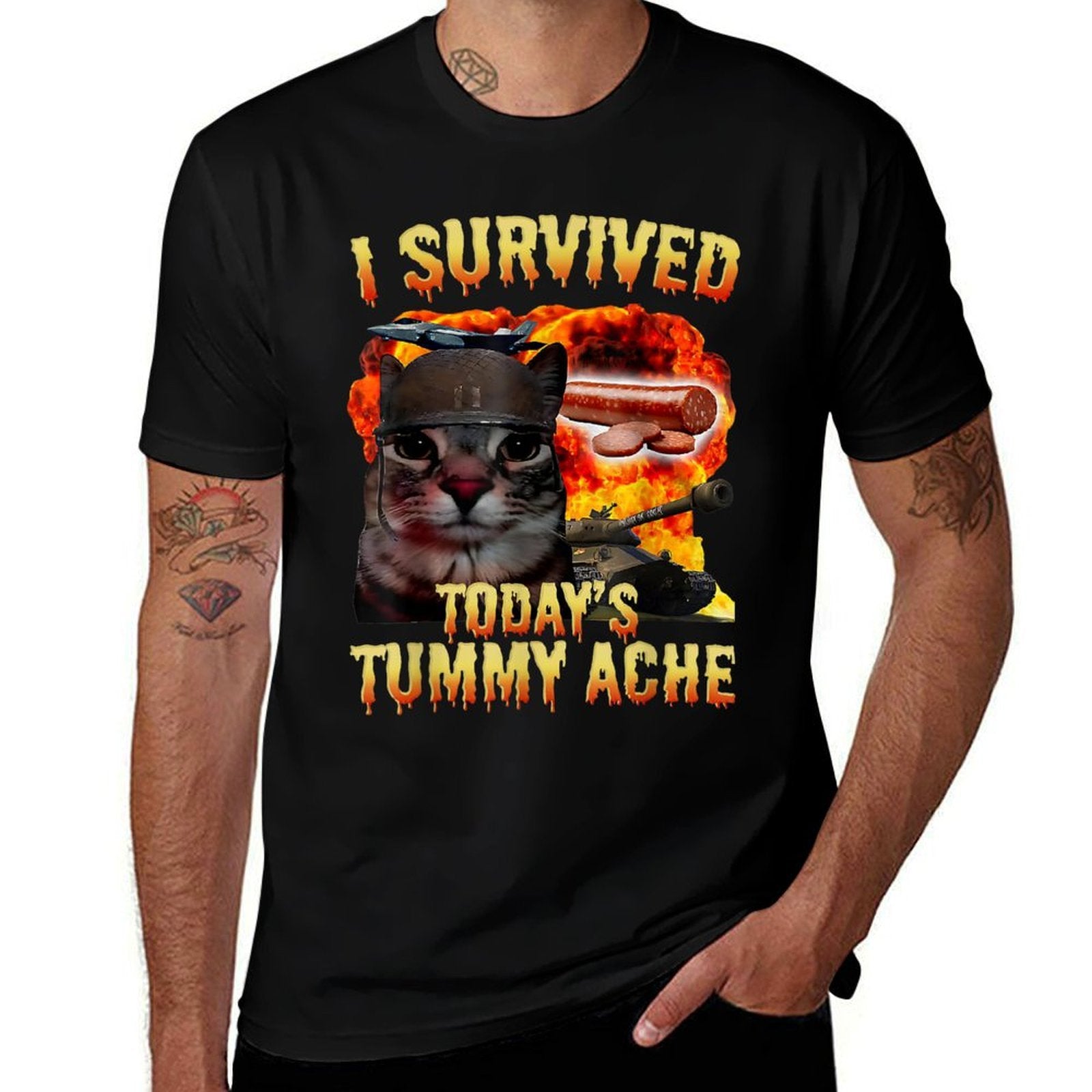 Tummy Ache Survivor Cat Meme Funny Saying Cats Animals Men Women Kids  Durable T-Shirt