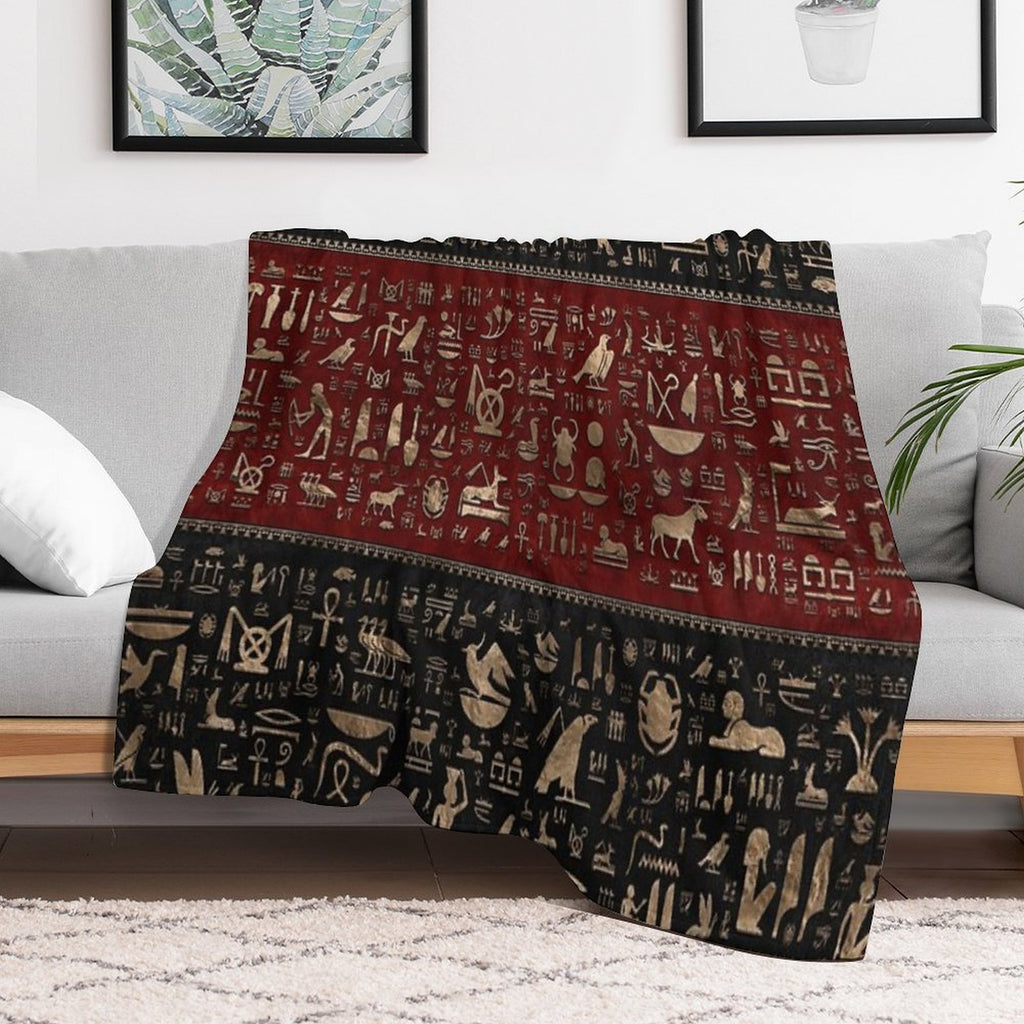 Ancient Egyptian Hieroglyphs - Black And Red Leather And Gold Easy Care Throw Blanket