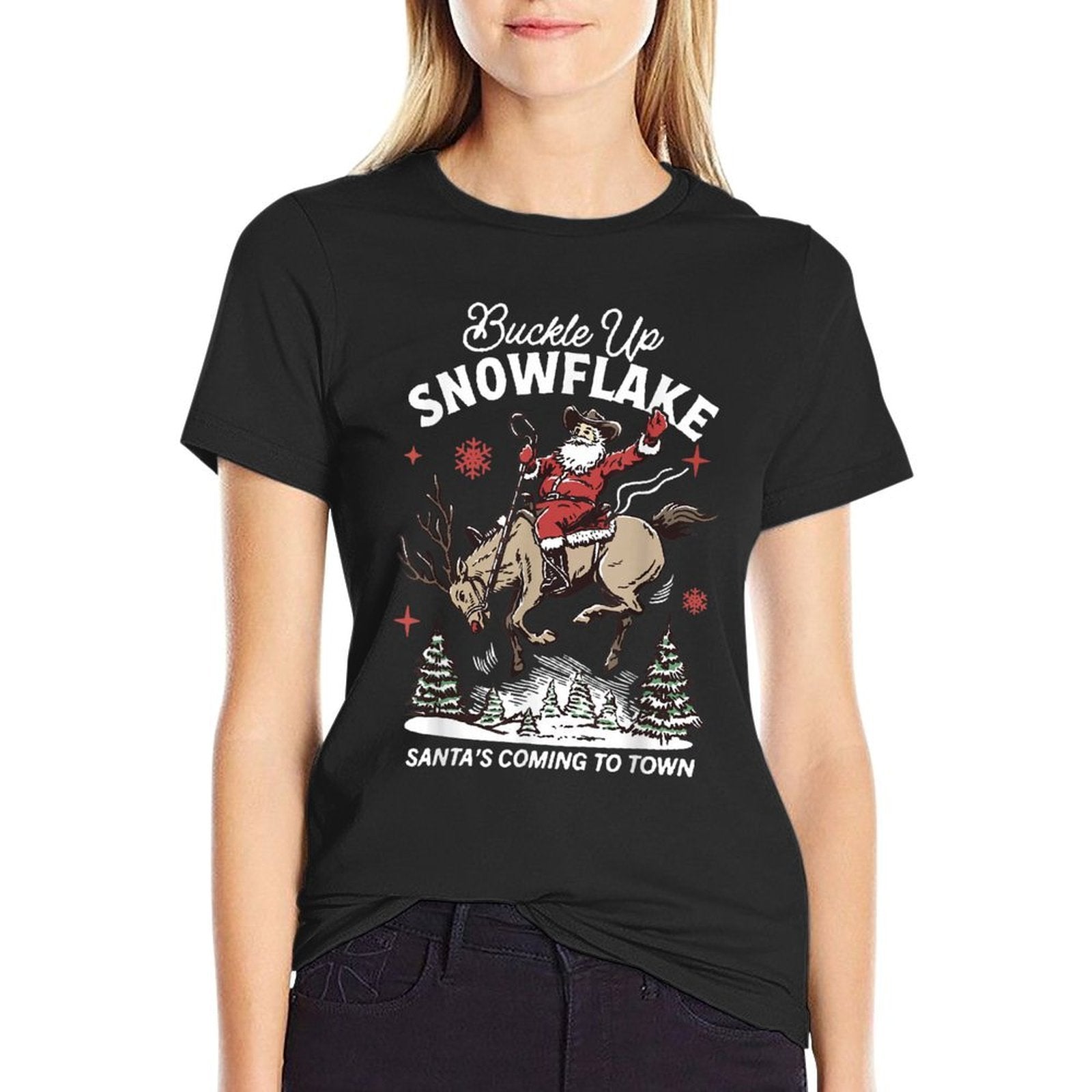 Buckle Up Snowflake Santa Cowboy Western Holiday Christmas  Cotton T-Shirt