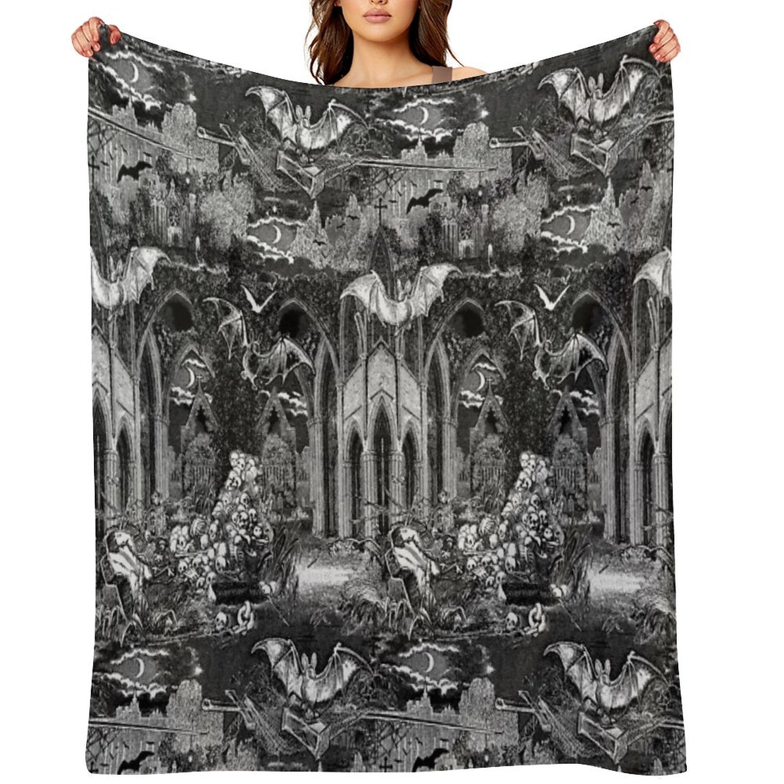 Dark Gothic Vampires Crypt Graves Bats Skulls Pattern by Moose Disco Lightweight Throw Blanket
