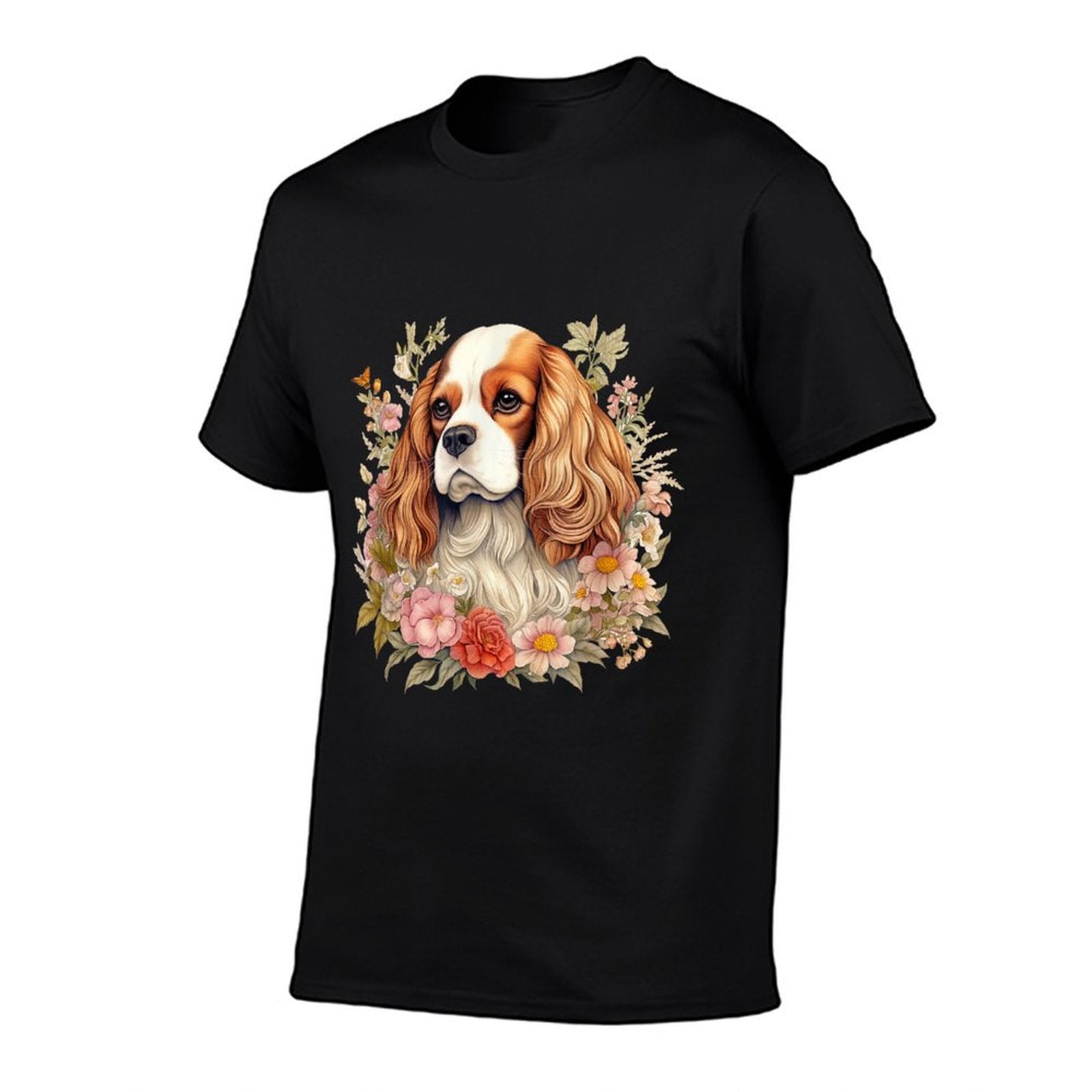 Cavalier King Charles Spaniel Dog With Flowers Floral Men Women Girls Kids  Soft T-Shirt