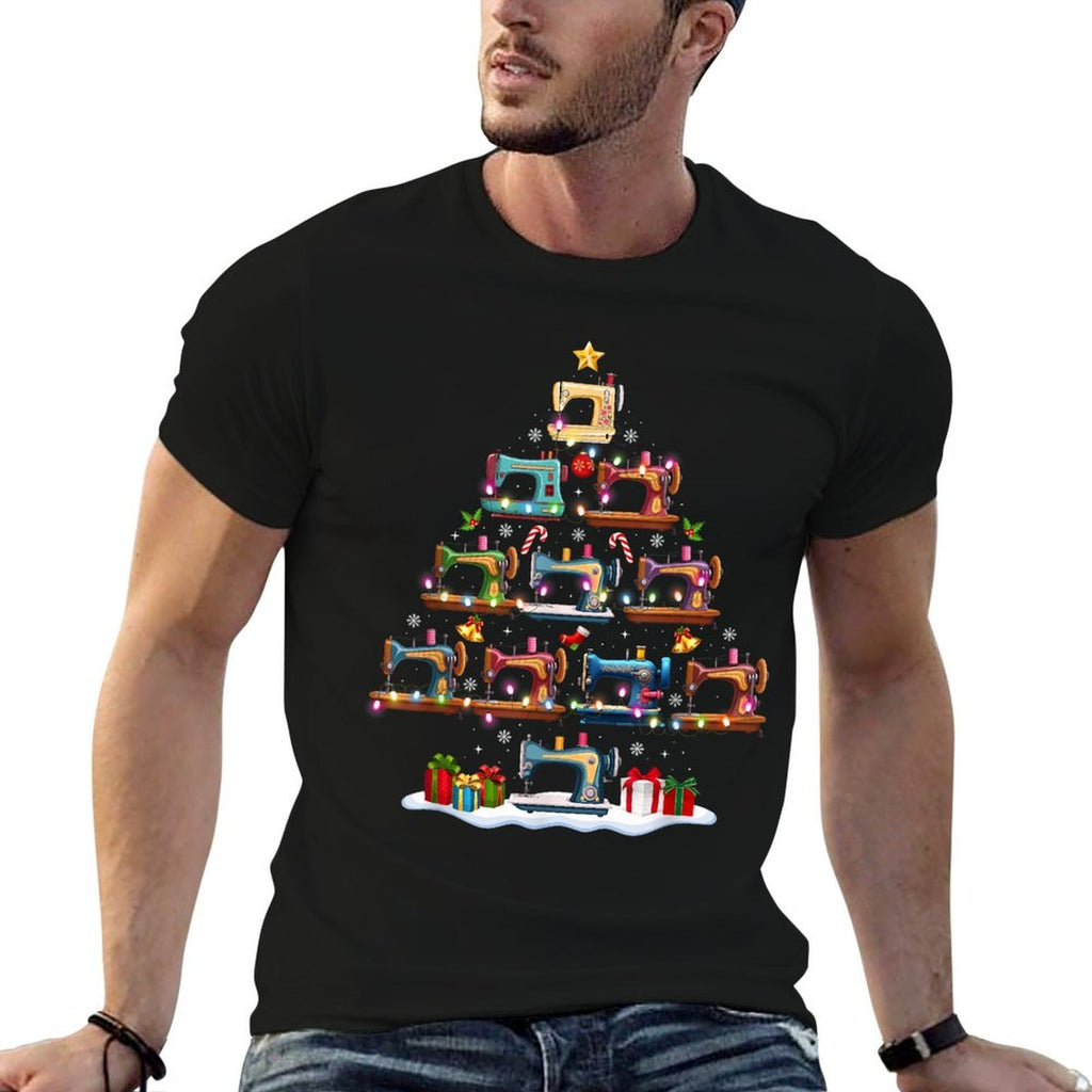 Sewing Machine Christmas Tree Lights Santa Hat Xmas Pajamas  Wrinkle-resistant T-Shirt