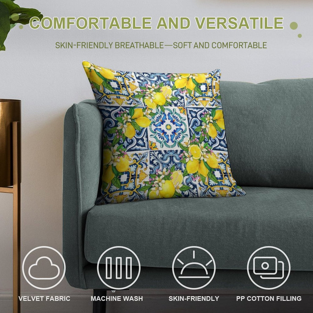 Bright Mediterranean Sicilian Tiles with Citrus Lemons Soft Style Accent Throw Pillow