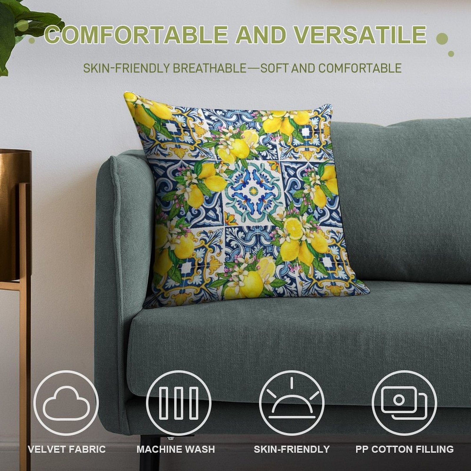 Bright Mediterranean Sicilian Tiles with Citrus Lemons Soft Style Accent Throw Pillow