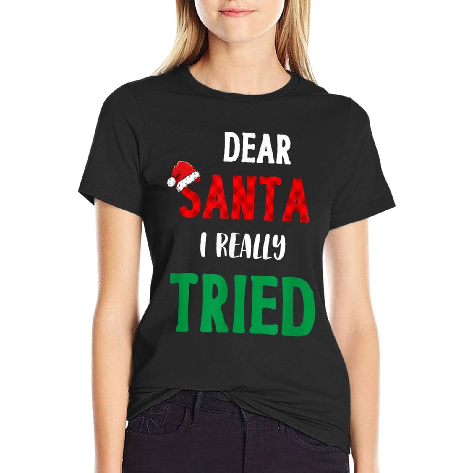 Dear Santa, I Really Tried Funny Christmas Matching Holiday  Ribbed Collar T-Shirt