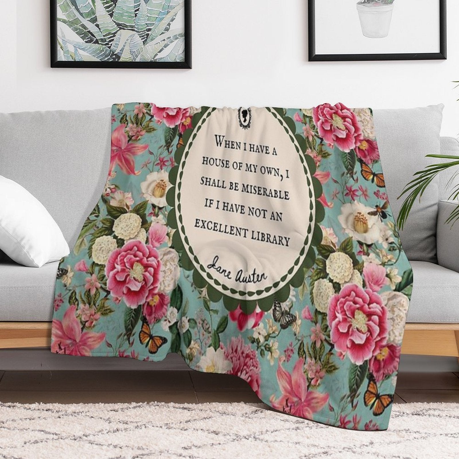 Jane Austen Library Quote, Literary, Bookish, Book Lover, Vintage Floral Flowers Multi-functional Throw Blanket