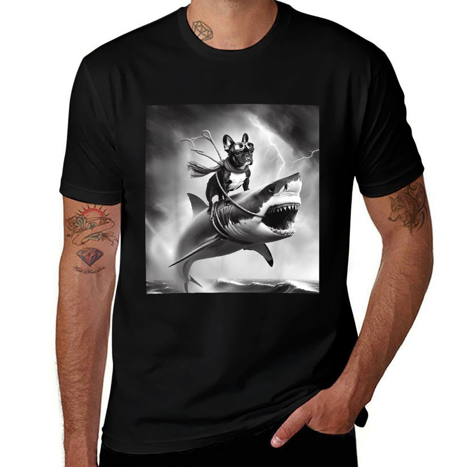 Funny Dog French Bulldog Riding A Shark in Tornado Meme  Ribbed Collar T-Shirt