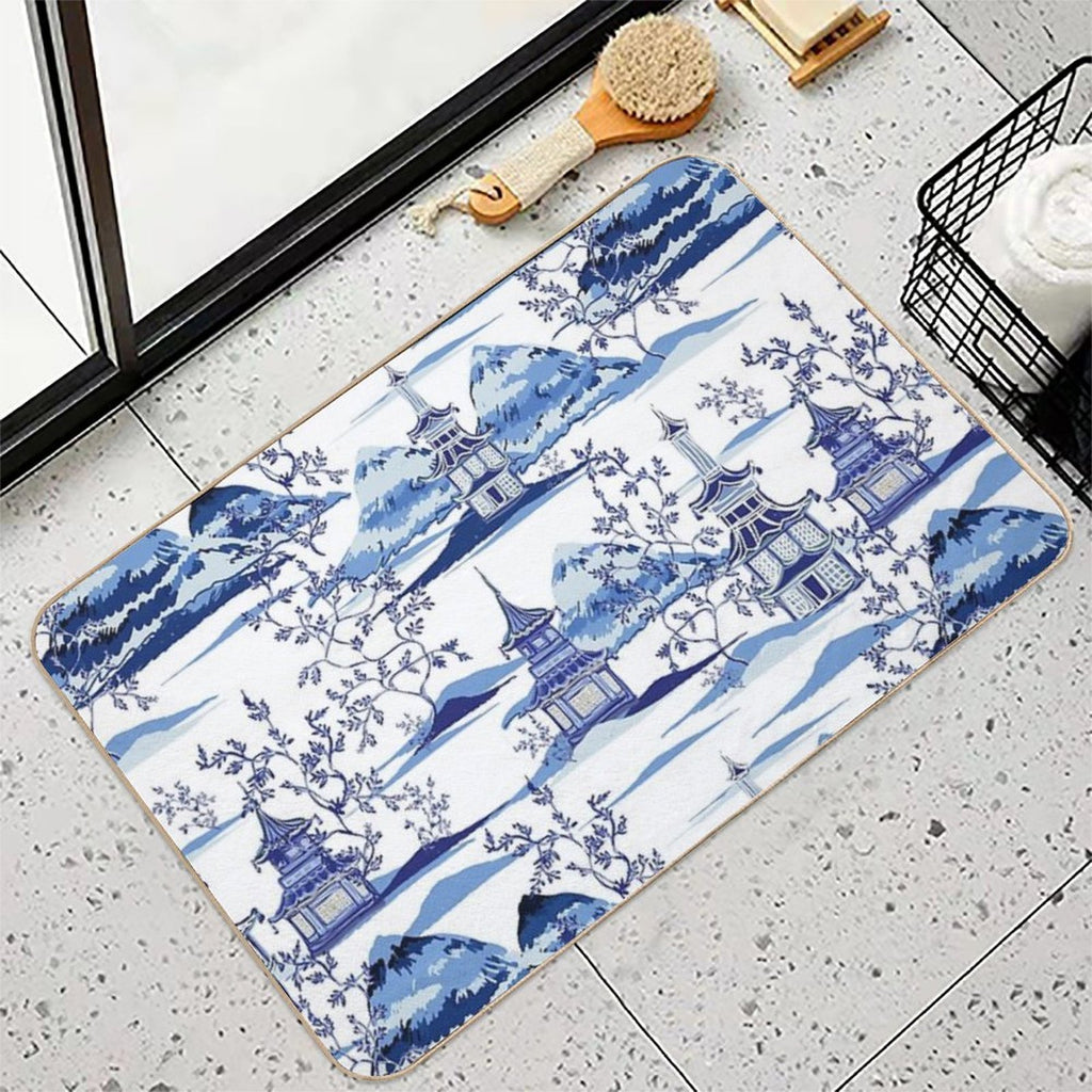 Chinese Pagodas And Mountains in Vintage Blue  Toxin-Free Bath Mat