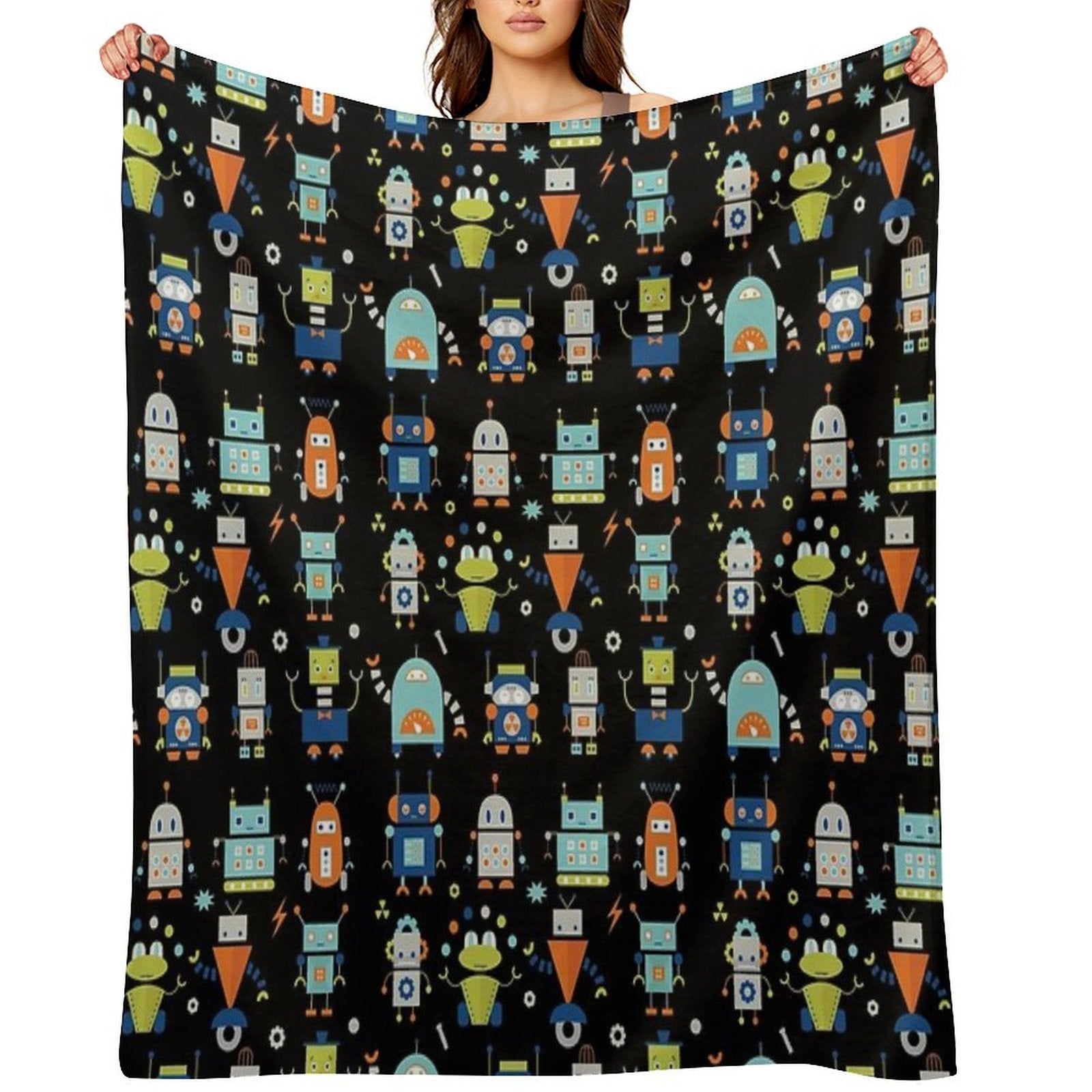 Robots Pattern Black Lightweight Throw Blanket