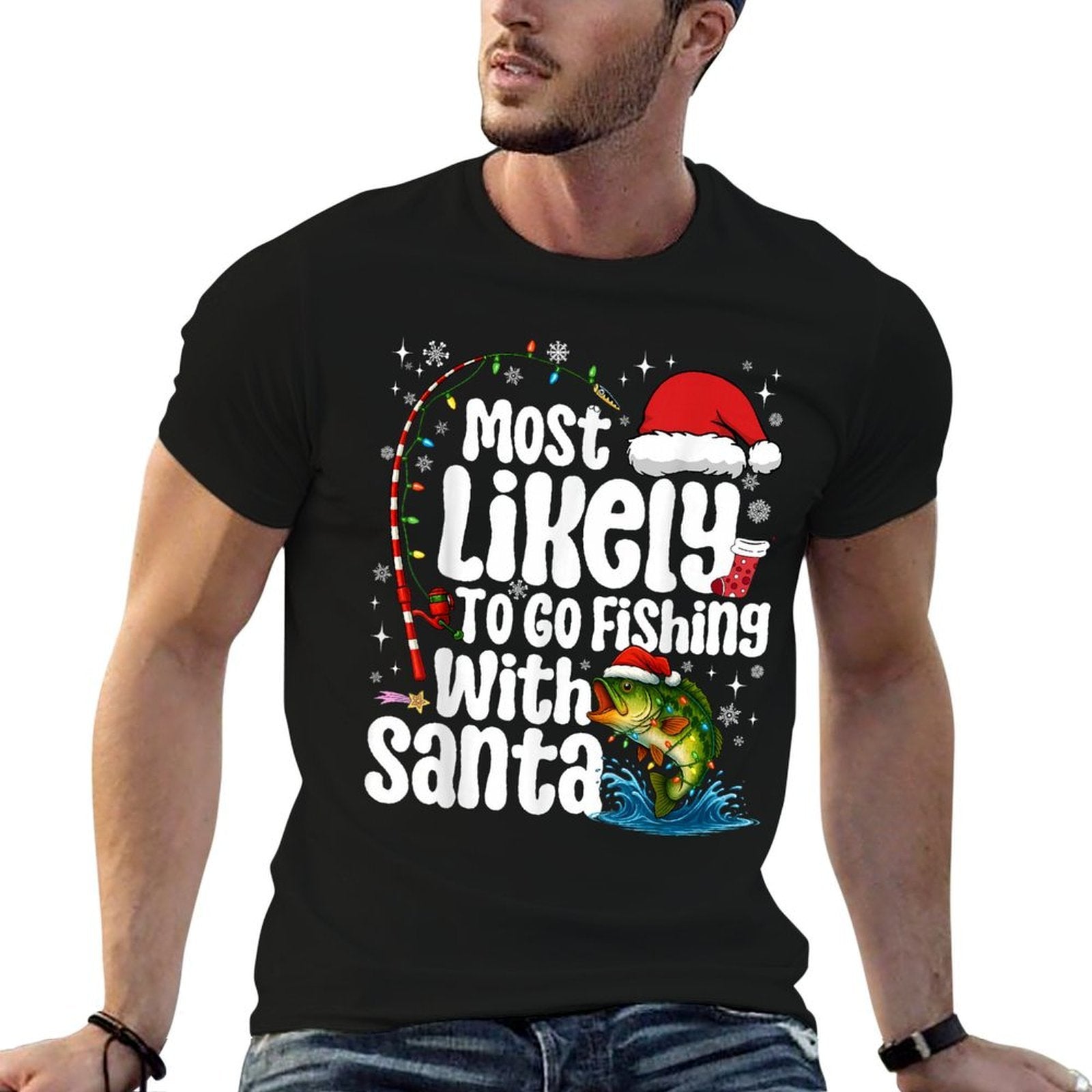 Most Likely to Go Fishing with Santa Fishing Funny Christmas  Eco-friendly Material T-Shirt