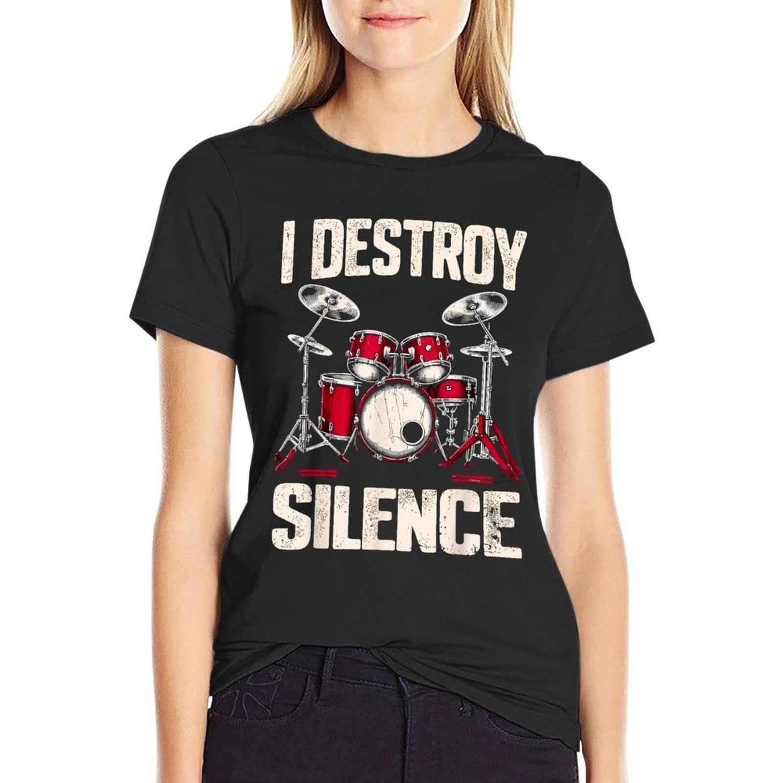 Drummer I Destroy Silence Drum, Small, Black  Graphic-printed T-Shirt