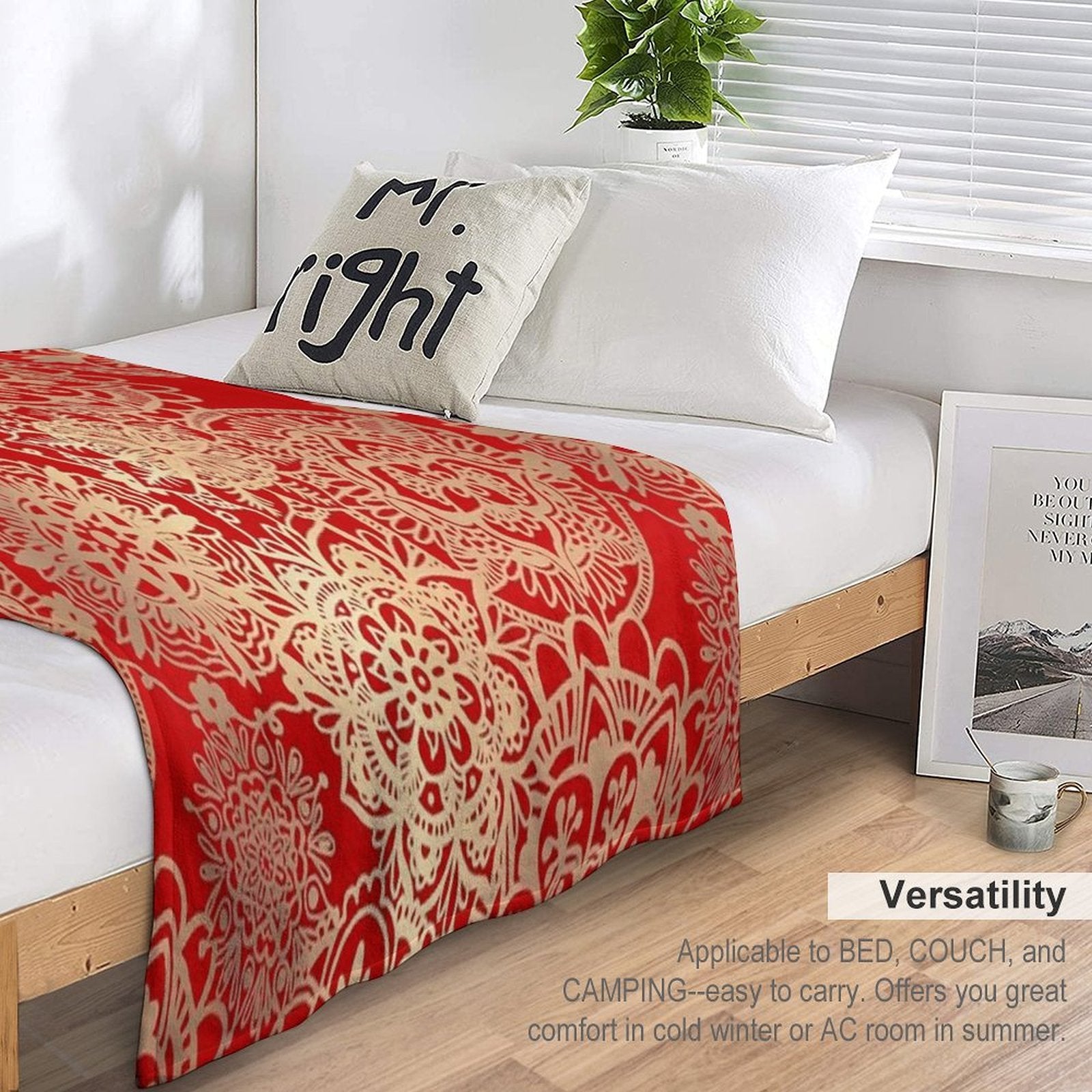 Red And Gold Mandala Pattern Plush Throw Blanket