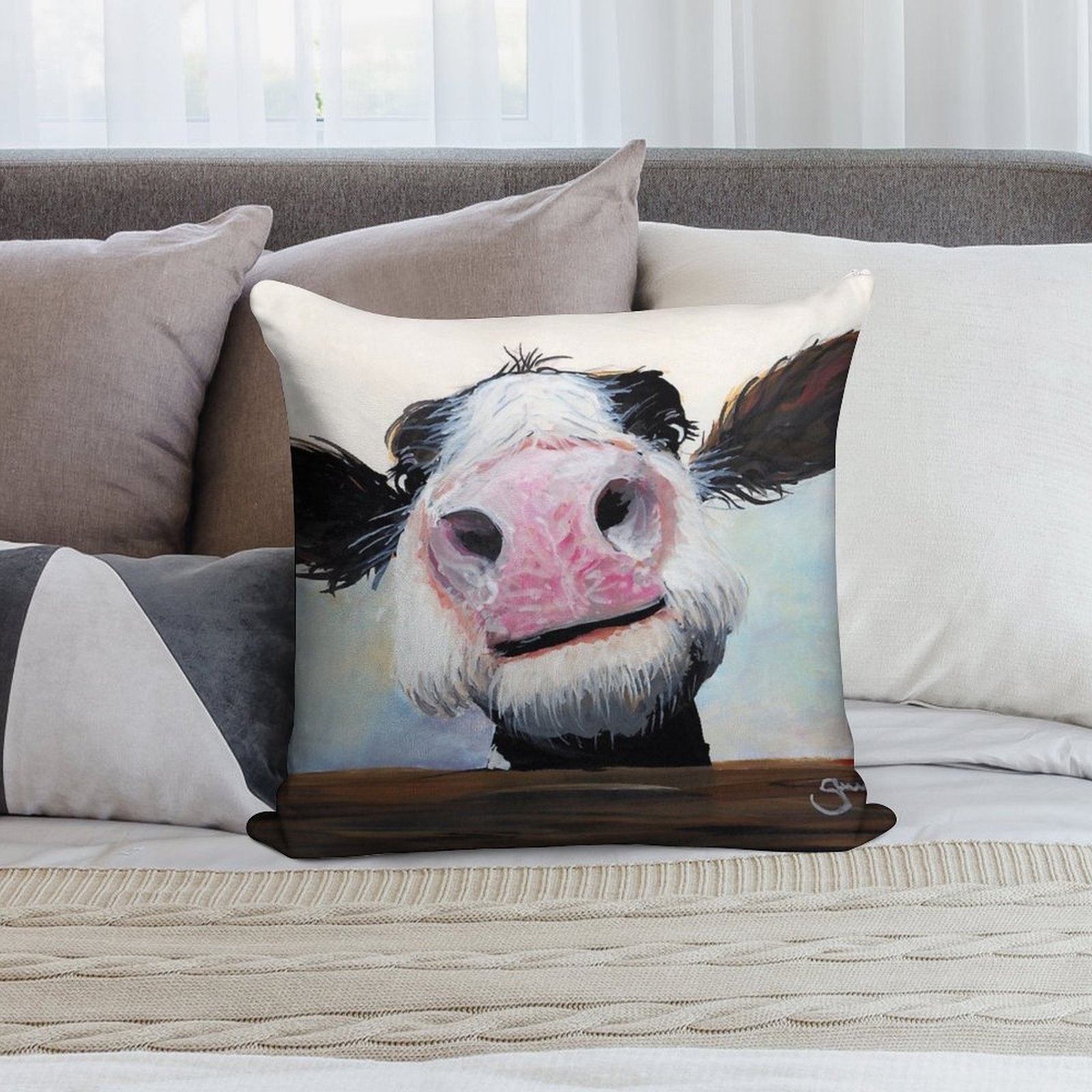 NOSEY COW 'HEY! HOW'S IT GOIN'' BY SHIRLEY MACARTHUR Soft Ultra-Soft Texture Throw Pillow