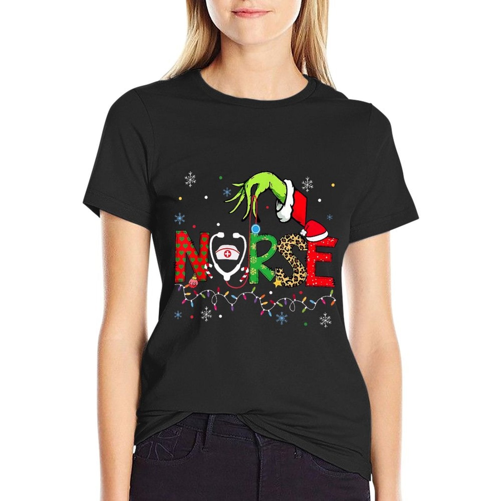 Stethoscope Nurse Merry Christmas Xmas Lights Holiday Snow  Rolled Sleeves T-Shirt