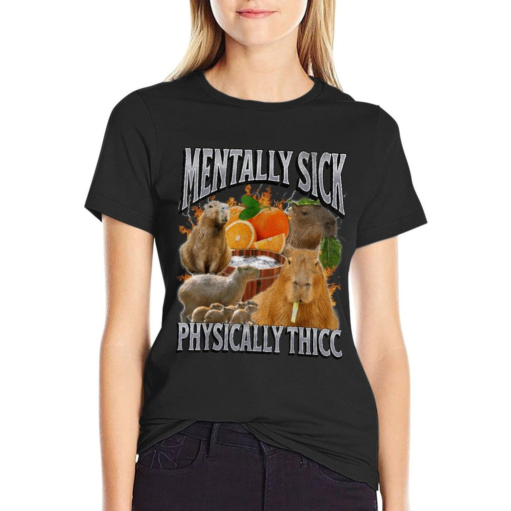 Physically Thicc Funny Capybara Meme Bootleg Y2K Graphic  Fade-proof Color T-Shirt