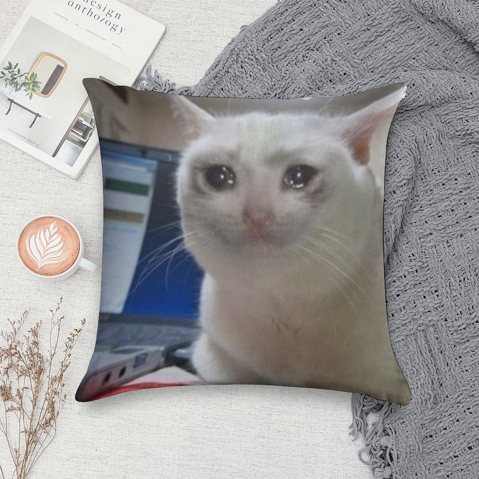 Crying Cat Meme Soft Short Plush Fabric Throw Pillow