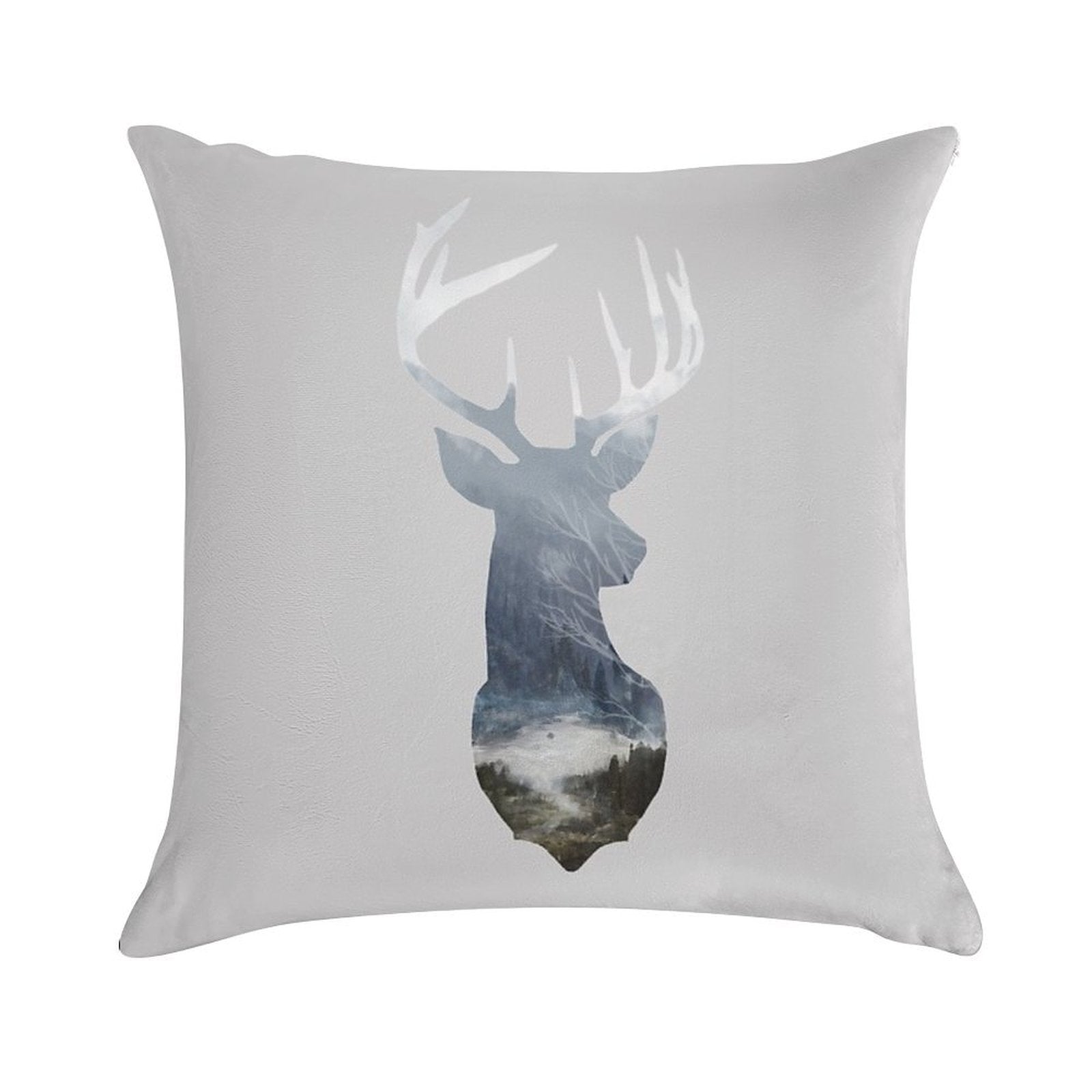 Deer Silhouette in Misty Forest Wild River Scene Soft Washable Throw Pillow