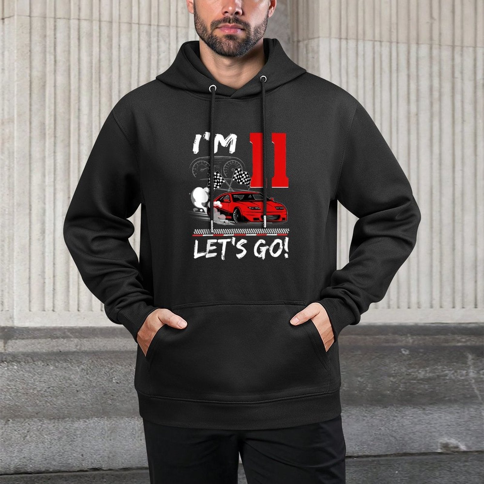 I'm 11 Let's Go Birthday Racing Car Theme 11th Party Kangaroo Pocket Hoodie
