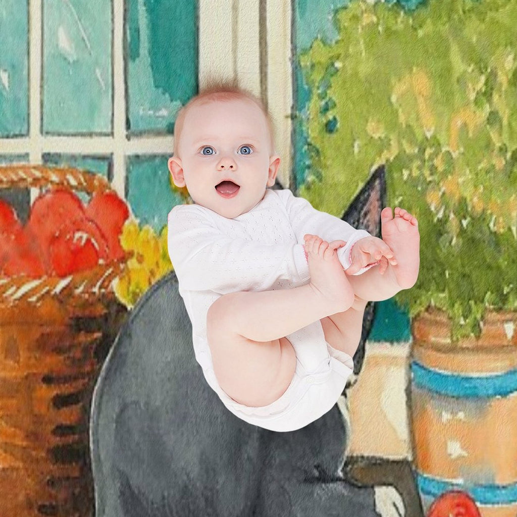 Black Cat on A Sunny Windowsill – Cozy Cottage Illustration Plush Throw Blanket