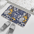 Mystical Fungi  Midnight Blue Background Ivory Pale Blue And Yellow Wild Mushrooms Durable Bath Mat