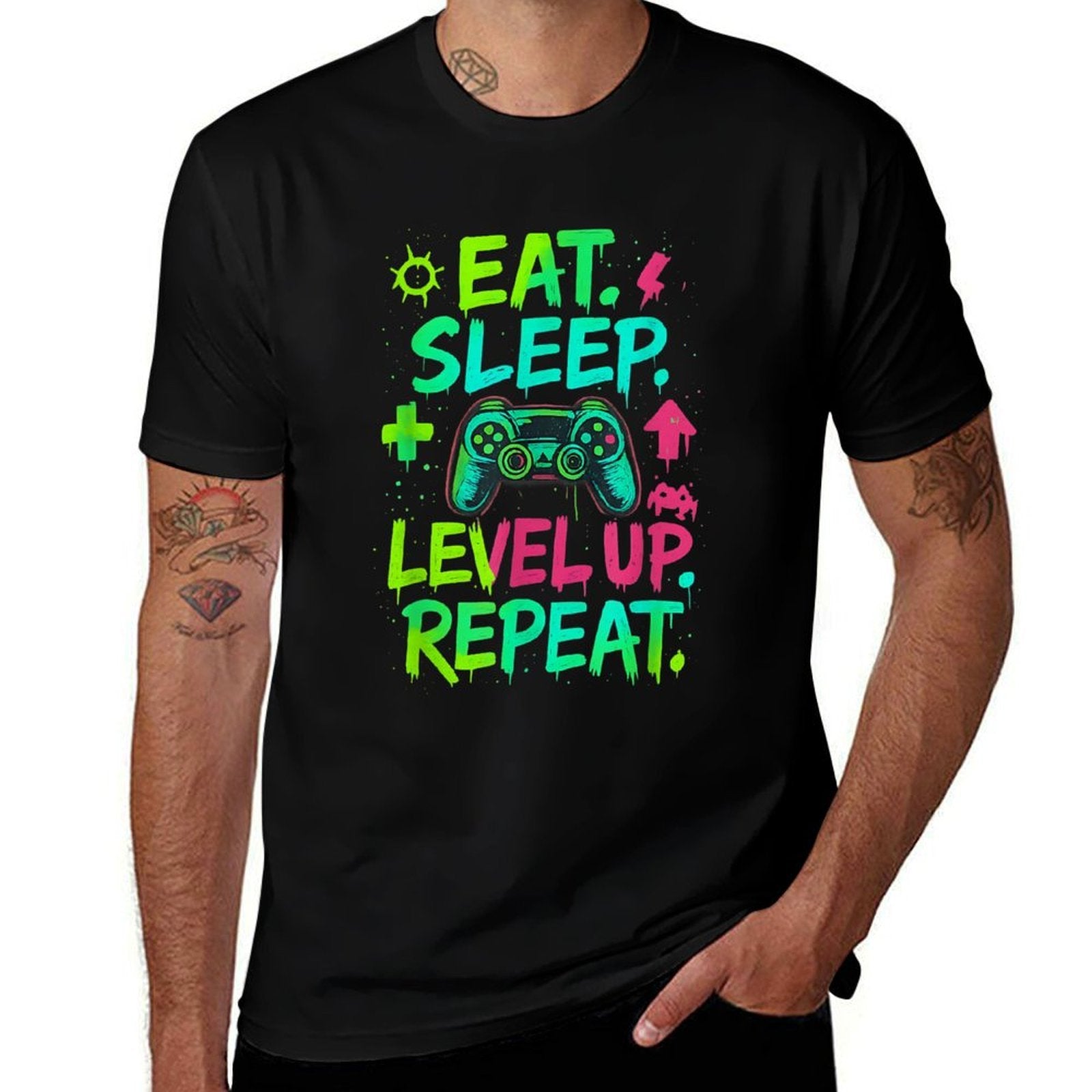 Eat Sleep Level Up Repeat Funny Boys Kids Adult Gamer  Heathered Texture T-Shirt
