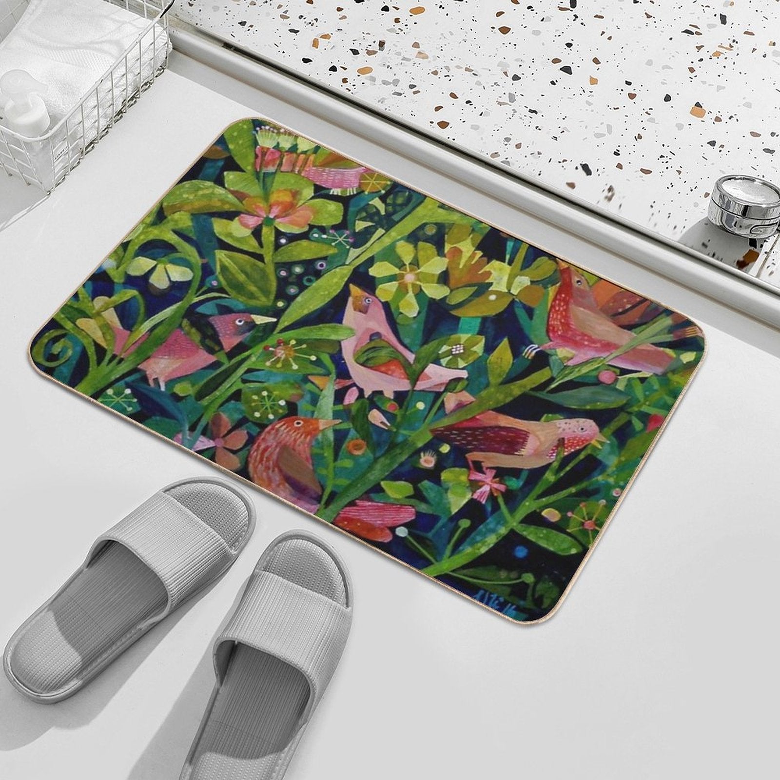 Three Pink Birds  Easy Maintenance Bath Mat