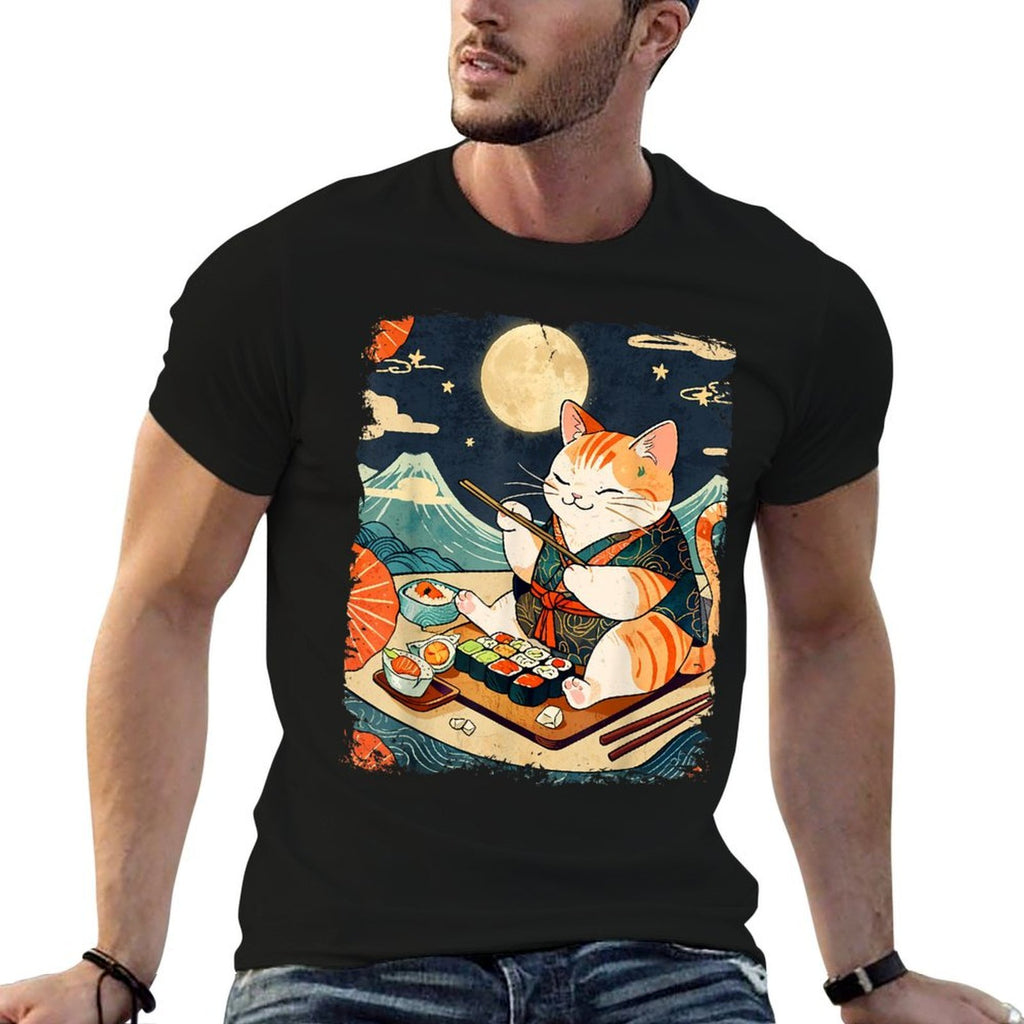 Cat Eating Sushi Japanese Anime Manga Kawaii Cat Ukiyo-e Art  Durable T-Shirt