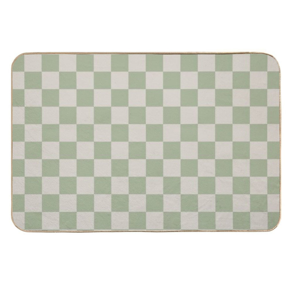 Checkerboard Check Checkered Pattern in Sage Green And Beige  Easy Maintenance Bath Mat