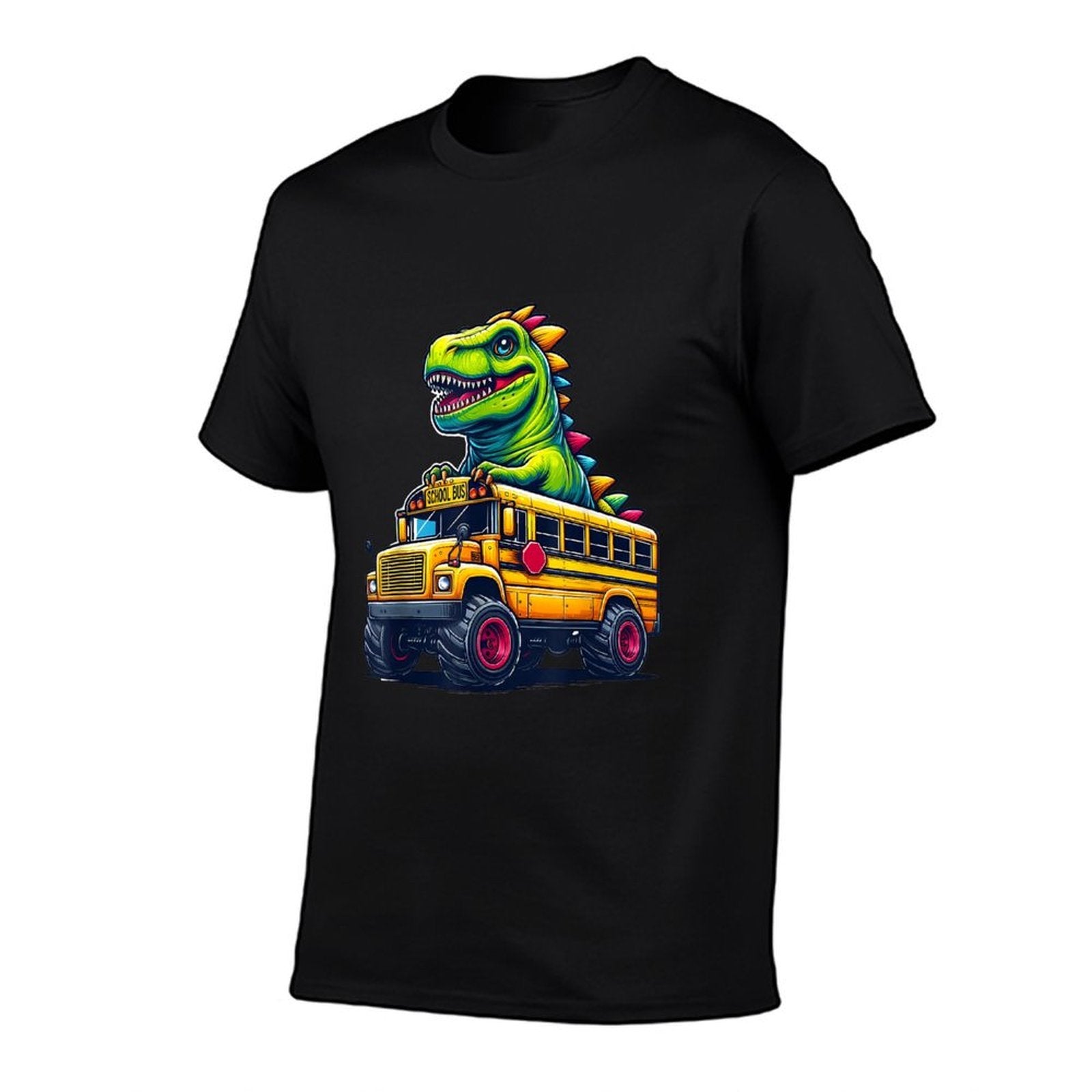 Dinosaur T-rex On Monster Truck School Bus Driver Graphic  Eco-friendly Material T-Shirt