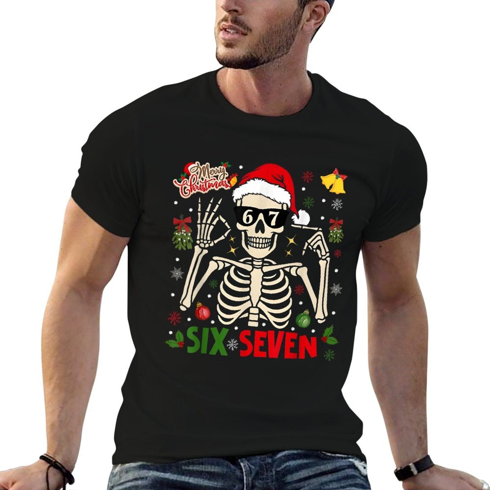 Funny Xmas 67 Skeleton Six Seven Christmas Lights  Summer-ready Fabric T-Shirt