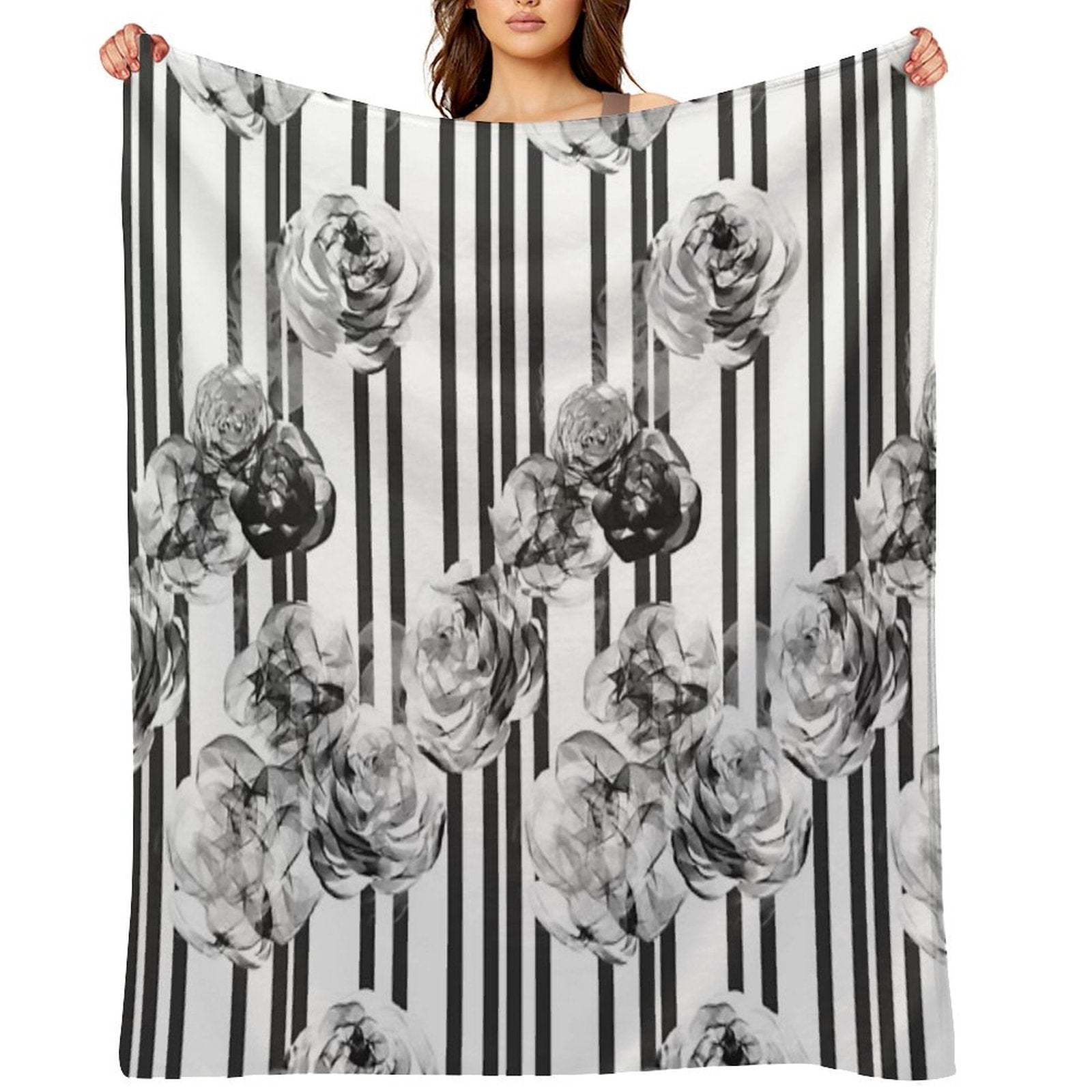 Monochrome Roses & Stripes – Modern Black And White Floral Art Quick-dry Throw Blanket