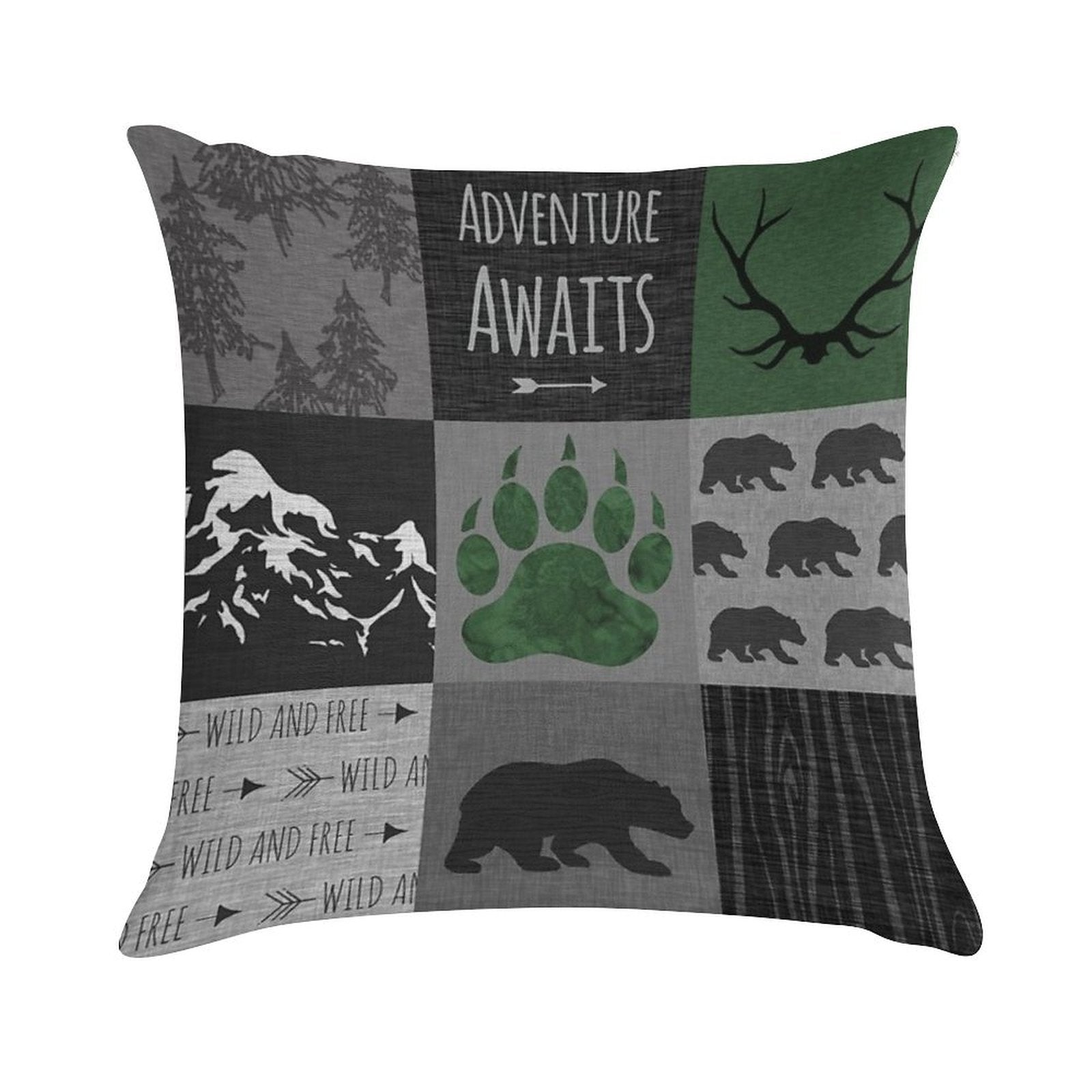 Adventure Awaits Bears - GreenBlack Soft Fade-Resistant Throw Pillow