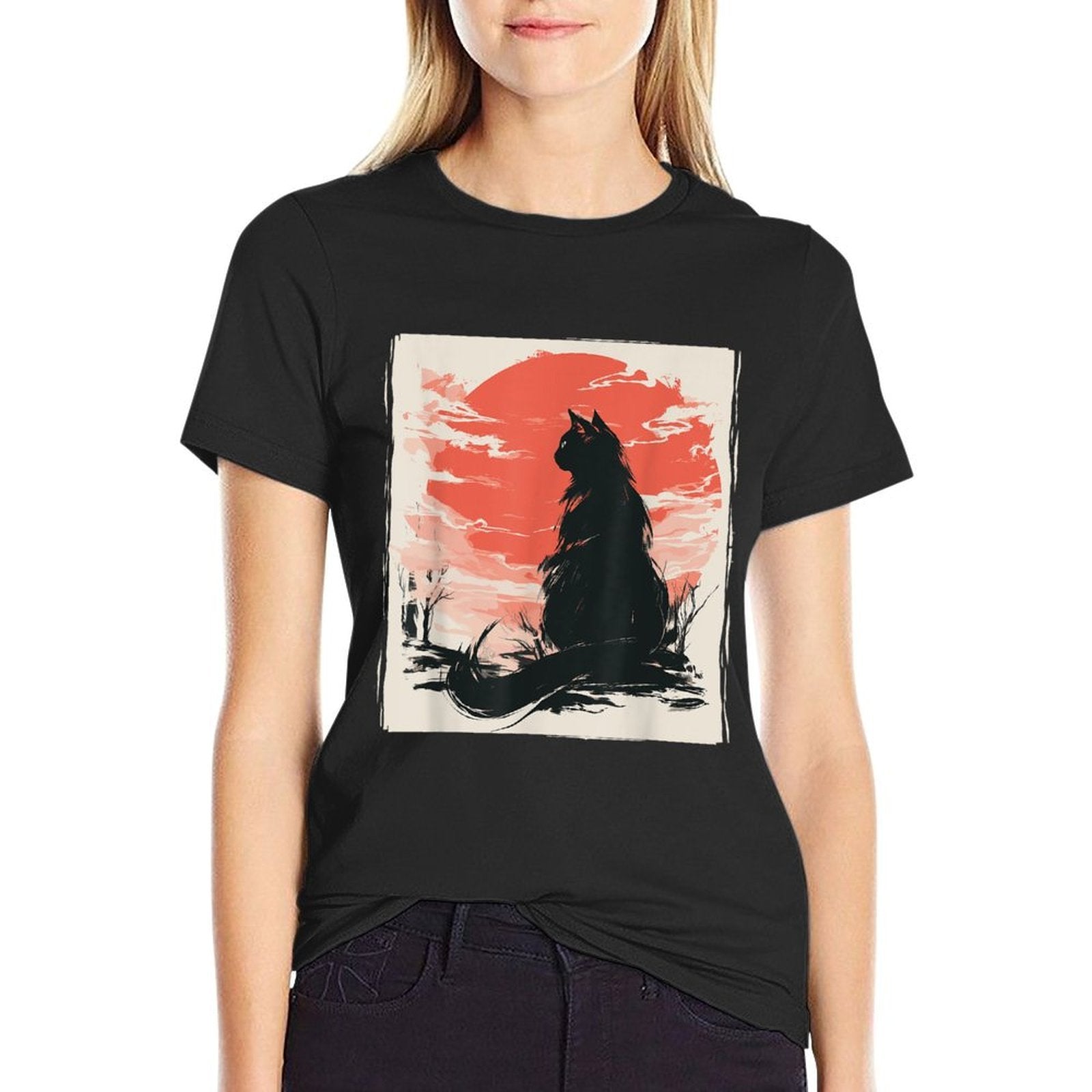 Kawaii Cat Anime Japanese Retro Men Women Kids Funny Cat  Ribbed Collar T-Shirt