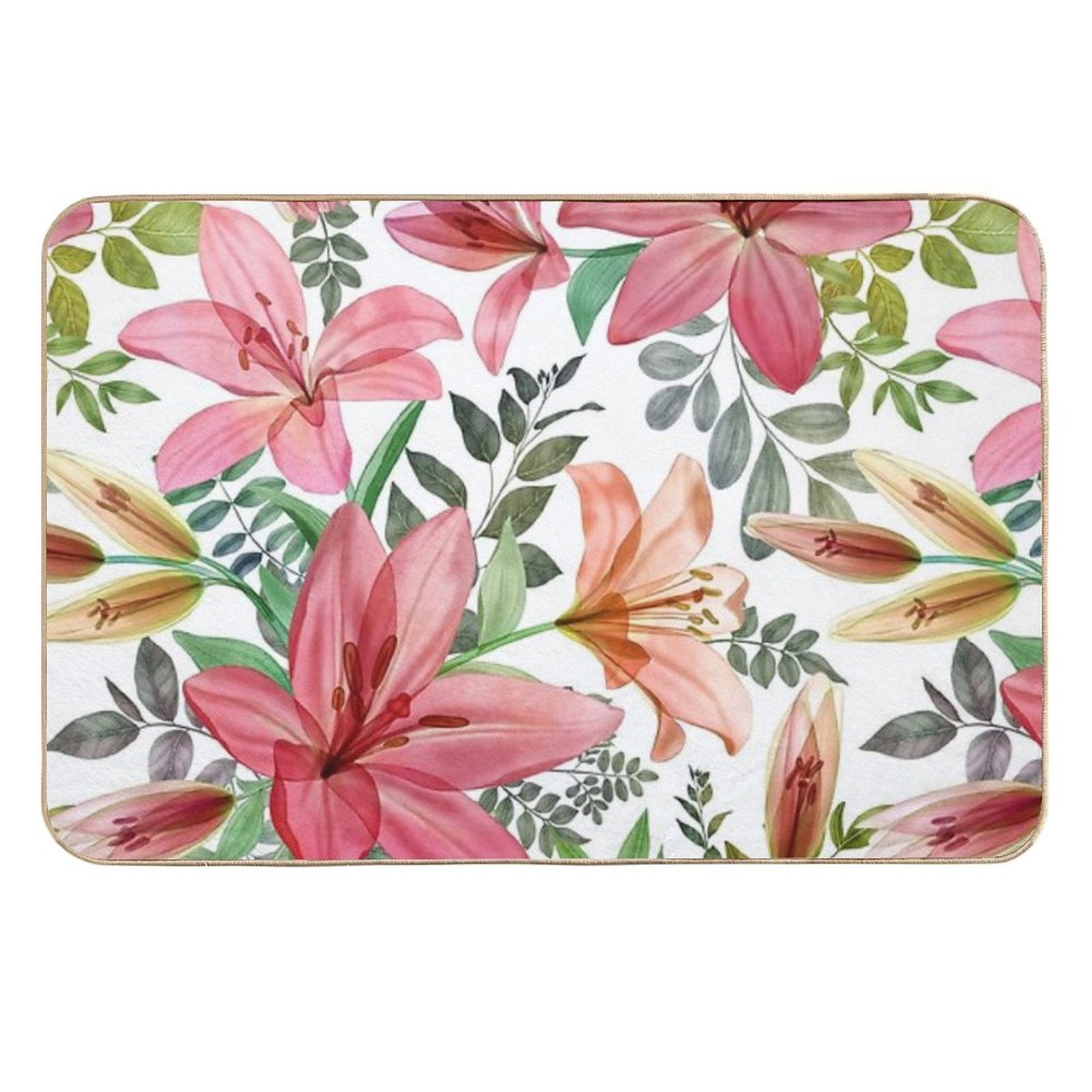 Transparent Lilly Flowers And Leaves Watercolor Seamless Pattern. Translucent Summer Tropical Bouquets. Spring Blossom Garden  Dirt-Trapping Bath Mat