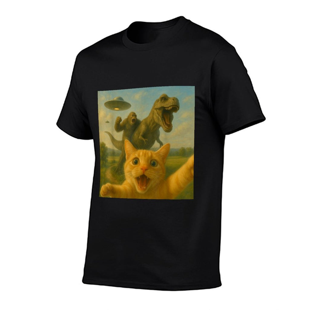 Funny Surprised Scared Cat Selfie T-Rex Dinosaur Bigfoot UFO  Vintage-inspired T-Shirt